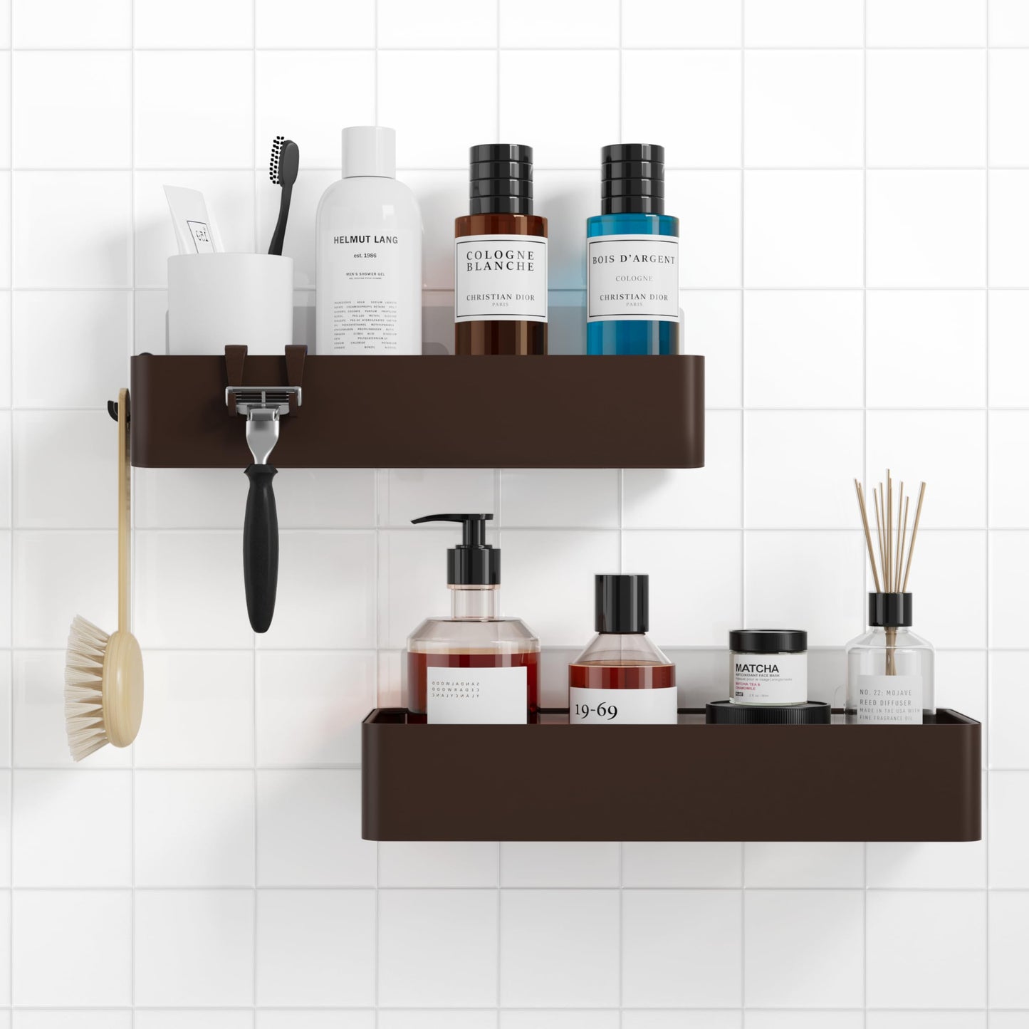 Kitsure 2 Pack Rustproof Shower Caddy - 2 Shelves, Drill-Free & Quick-Dry Shower Organizer, Rustproof Bathroom Shelves with 4 Hooks, Large, Brown