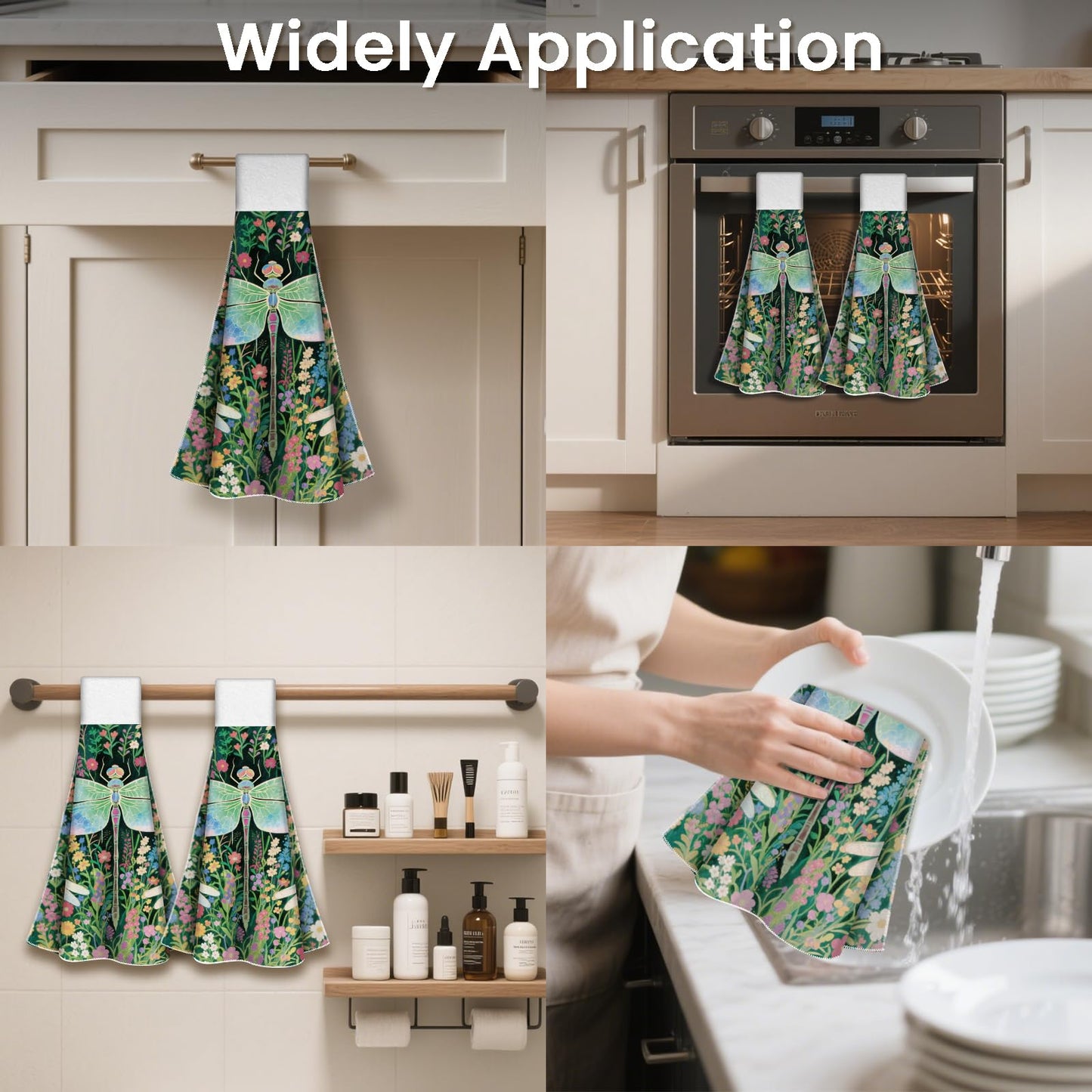 CUTHOLLOW 2 Pcs Dragonfly and Flowers Hanging Kitchen Towels with Loop