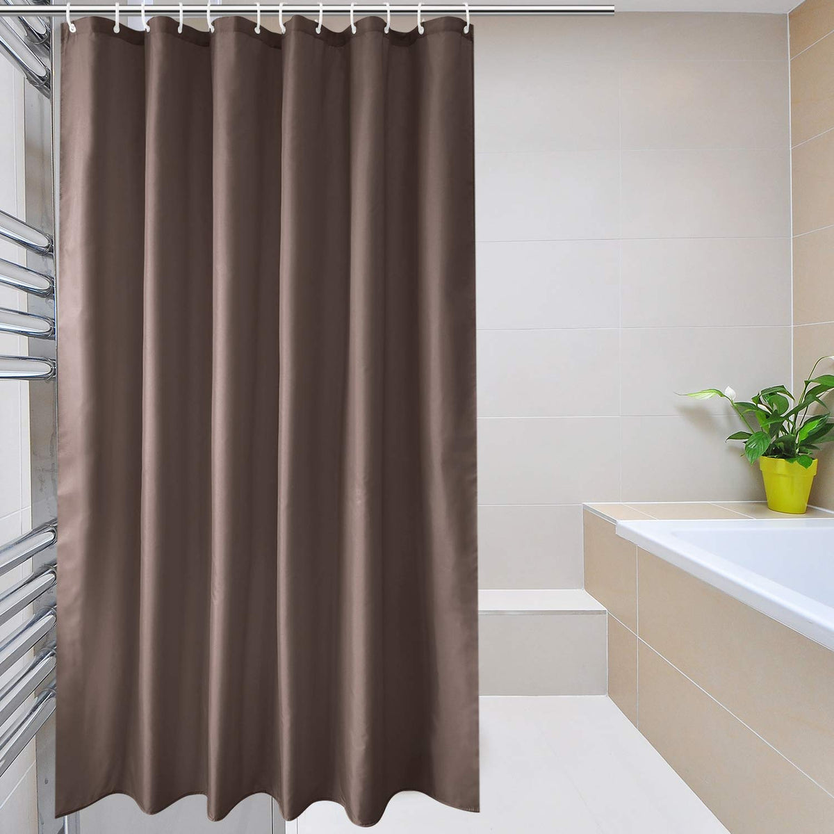 EurCross Brown Shower Curtains Mould Proof Resistant Washable, Quick Dry Water-resistant Fabric Bathroom Shower Curtain 180 x 180cm Drop with 12