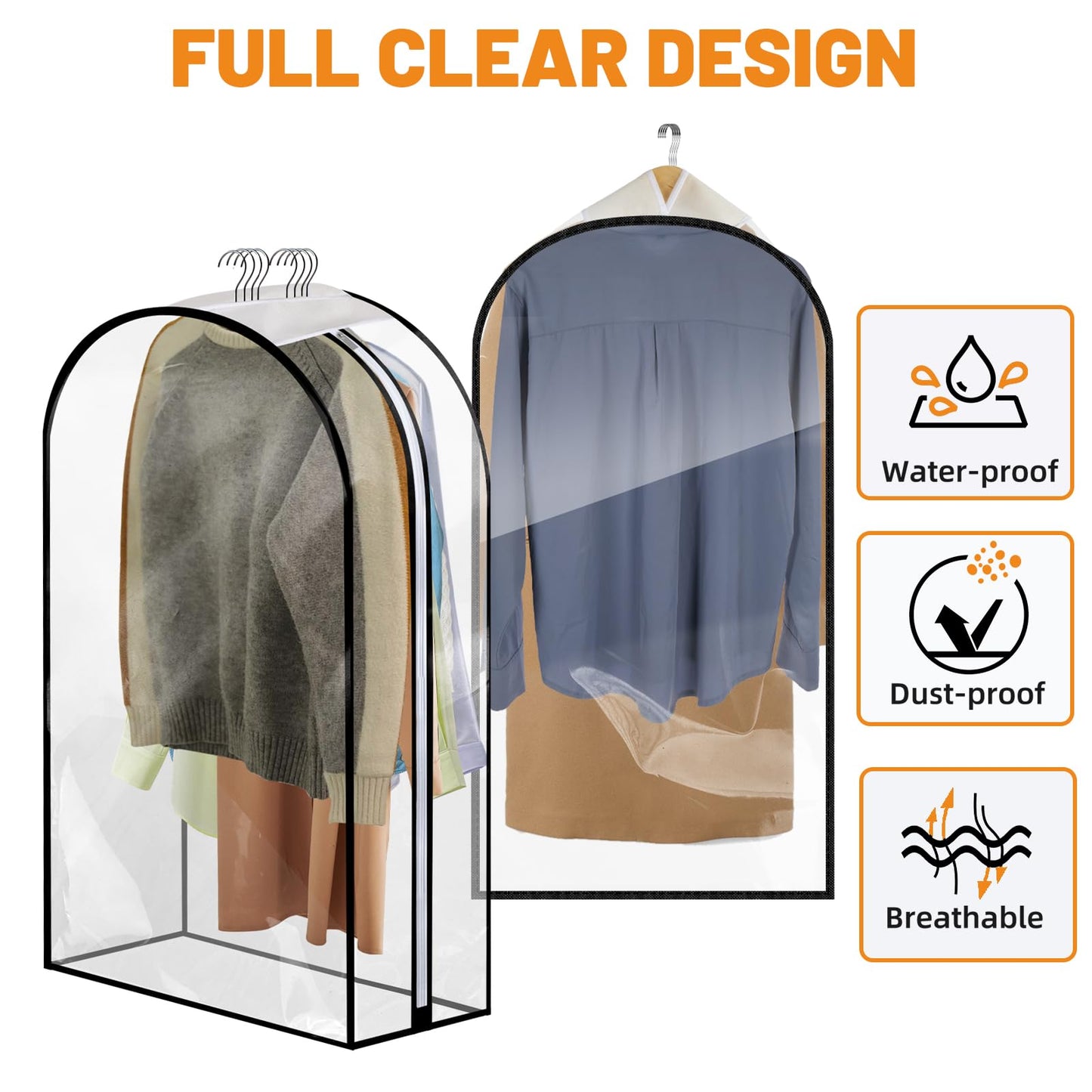4 Pack Clear Garment Bags, 40/60 Inch Clothes Covers with 10 Inch Gusset