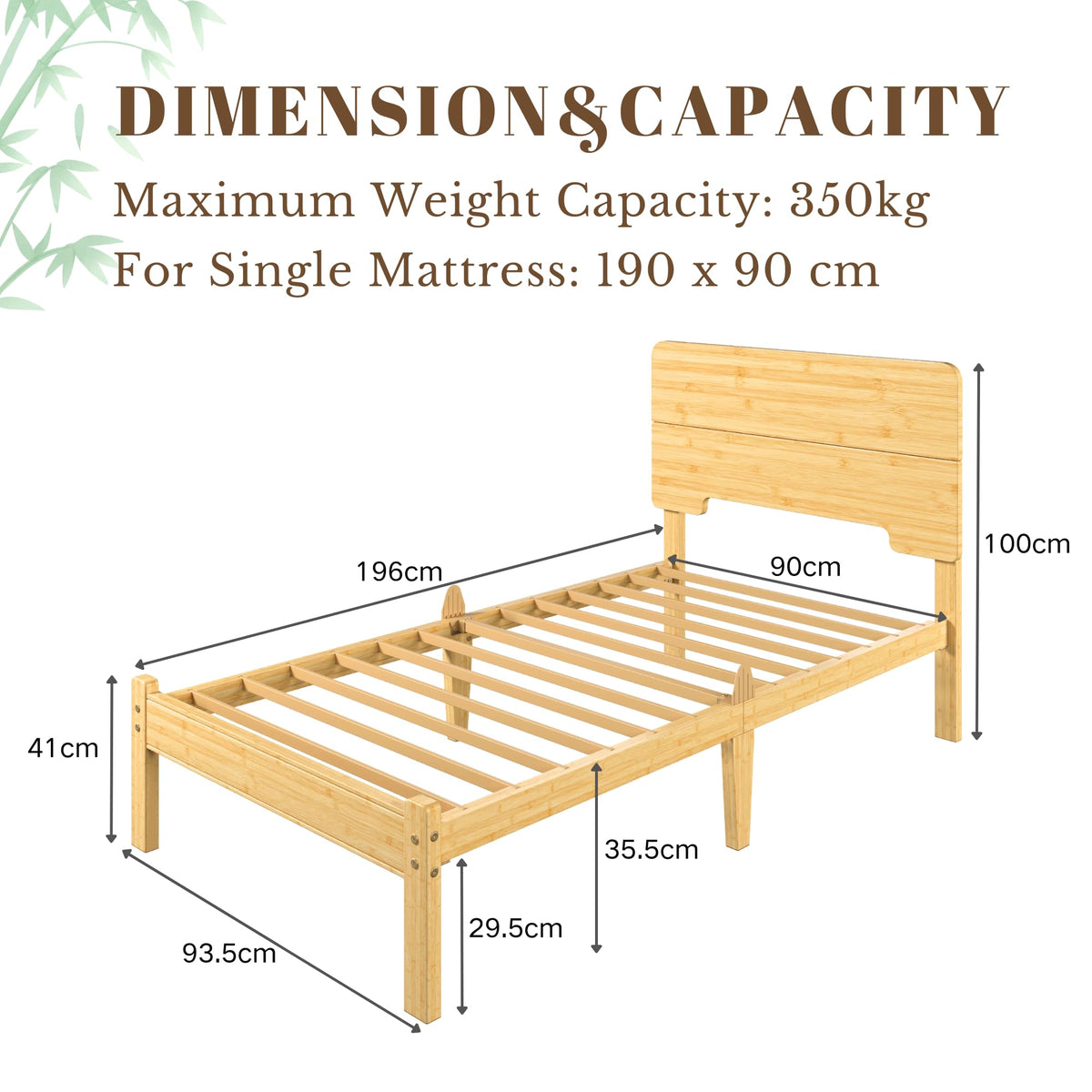 Hunlostten Wooden Single Bed Frame with Headboard - Bamboo Wood Platform Bed Frame with Metal Slats Support and Underbed Storage Bedroom Furniture