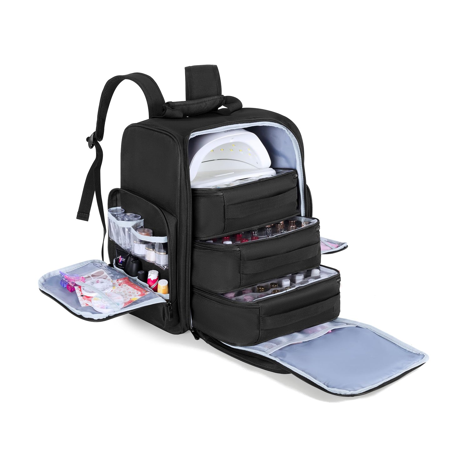BAFASO Nail Polish Organiser Backpack Holds 105 Bottles (15ml - 0.5fl.oz) and a Nail Lamp, Nail Polish Backpack with 3 Removable Pouches, Large Makeup