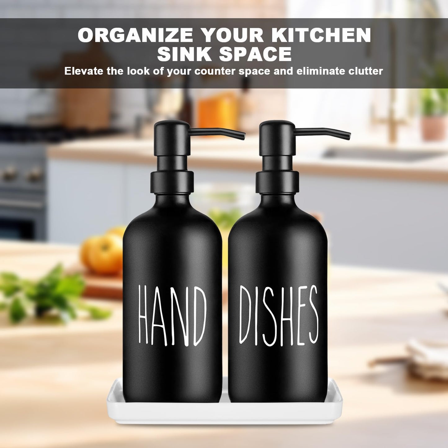 Glass Soap Dispenser Set: Premium 2 Pack Dispenser Bottles with Ceramic Tray 500ML/17oz Farmhouse Soap Lotion Pump Dispensers Refillable Hand Soap