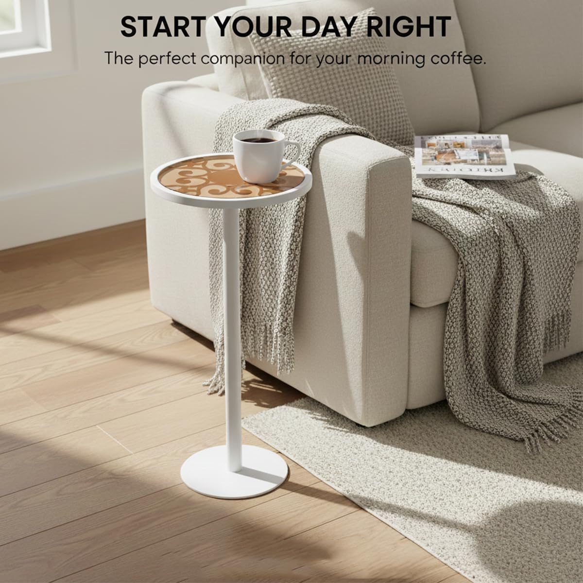 ZEXVIDA White Drink Table with Amber Glass Top, Indoor Outdoor Small Round Side Table, 24.7" Metal Pedestal End Table for Living Room, Patio, Sunroom