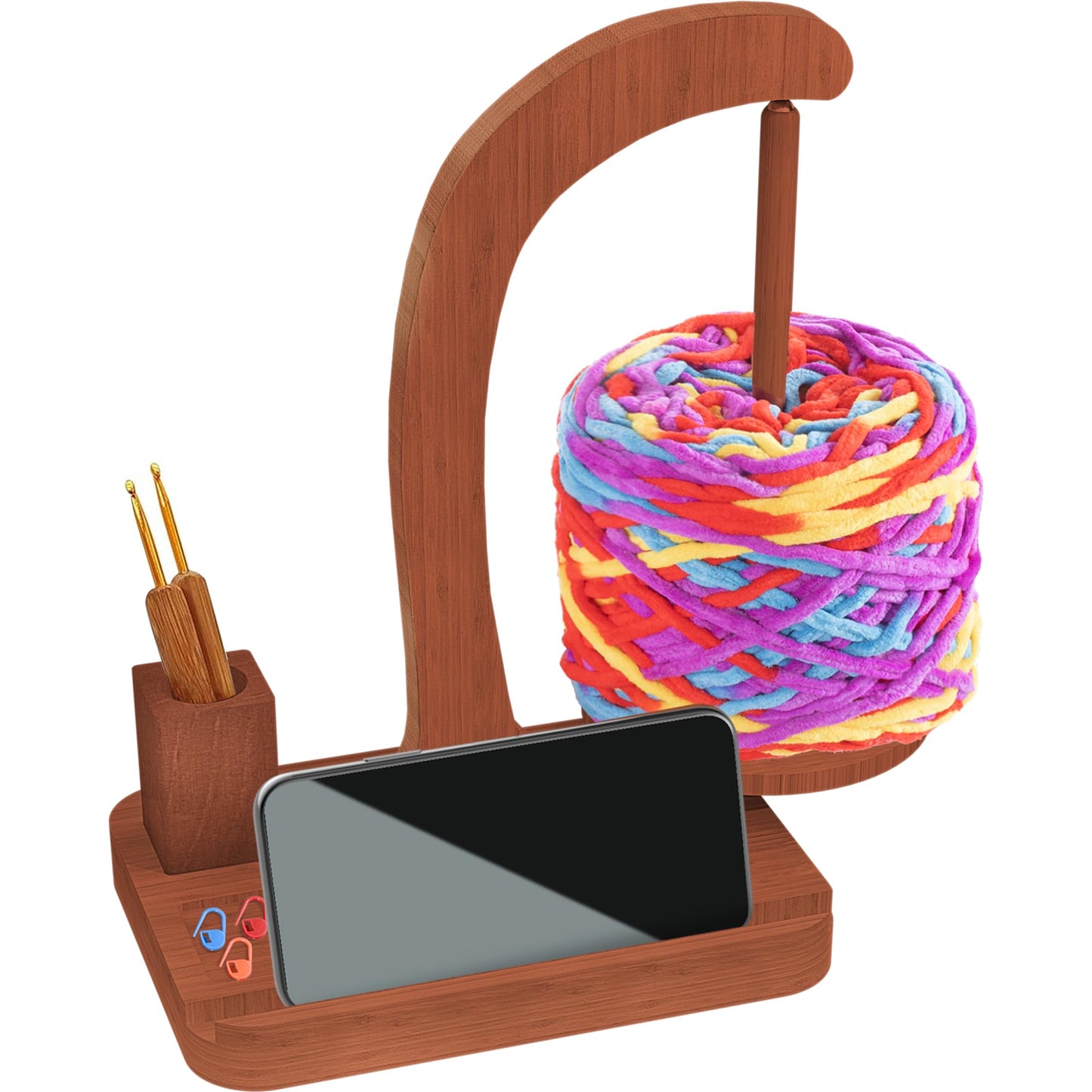 FOGWOWO Yarn Holder for Crochet, Walnut Wood Yarn Holder Magnetic Yarn Spinner with Crochet Accessories Storage,Phone Stand and Anti-Slip Pads,Yarn