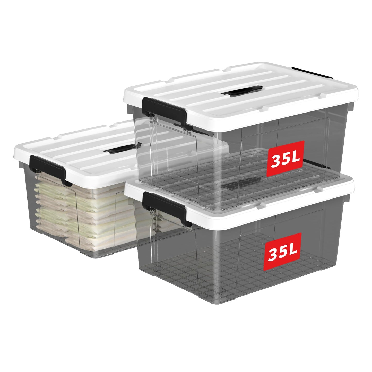 Cetomo 35L*3 Storage Boxes, Carry Plastic Storage Box with Lids, Organizing Container with Handle and Secure Latching Buckles, Stackable, Nestable