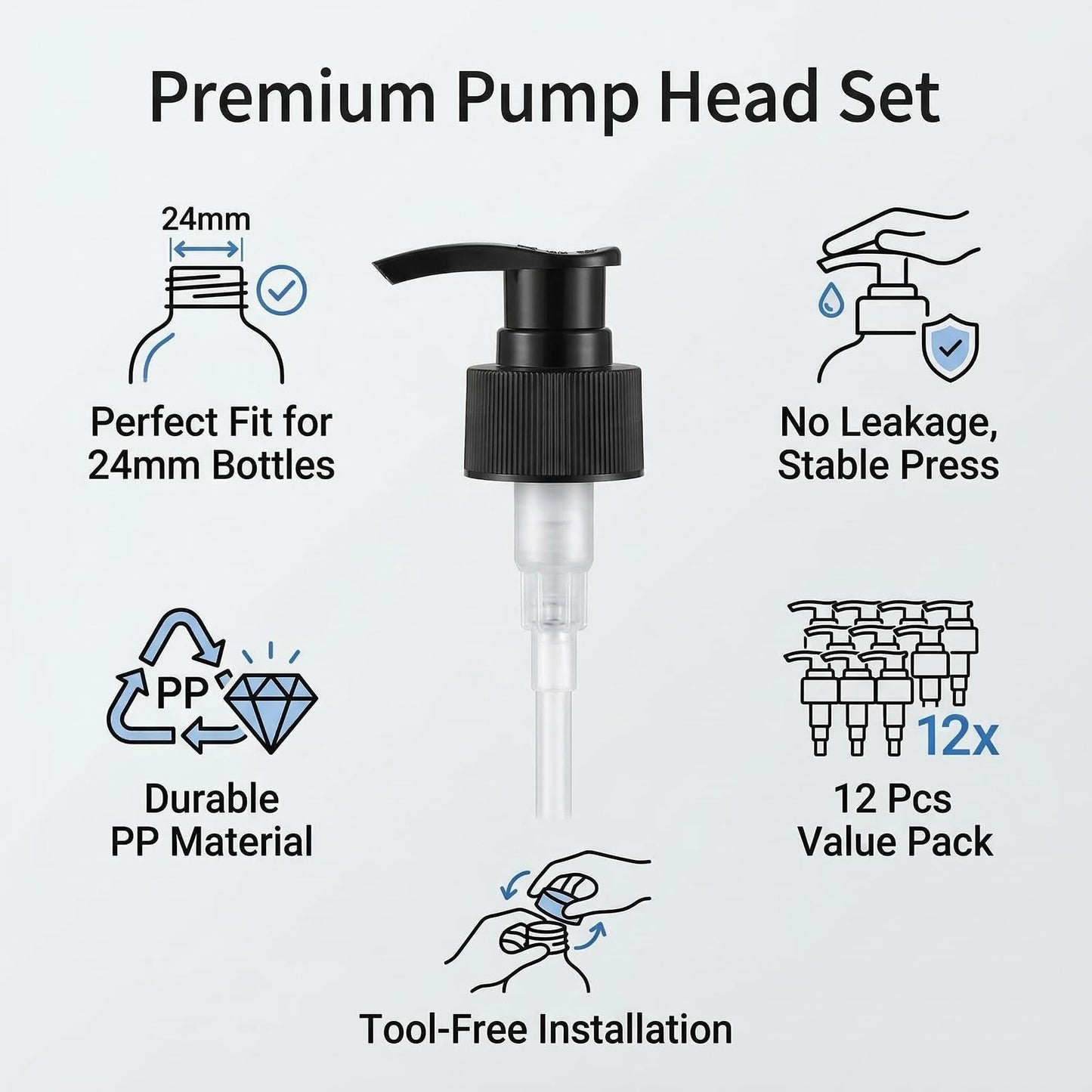 12 Pcs Black Plastic Soap Dispenser Pump Replacement Lotion Pump Heads for 24/410 Threaded Neck Bottles Compatible with Soap Lotion Shampoo Liquid