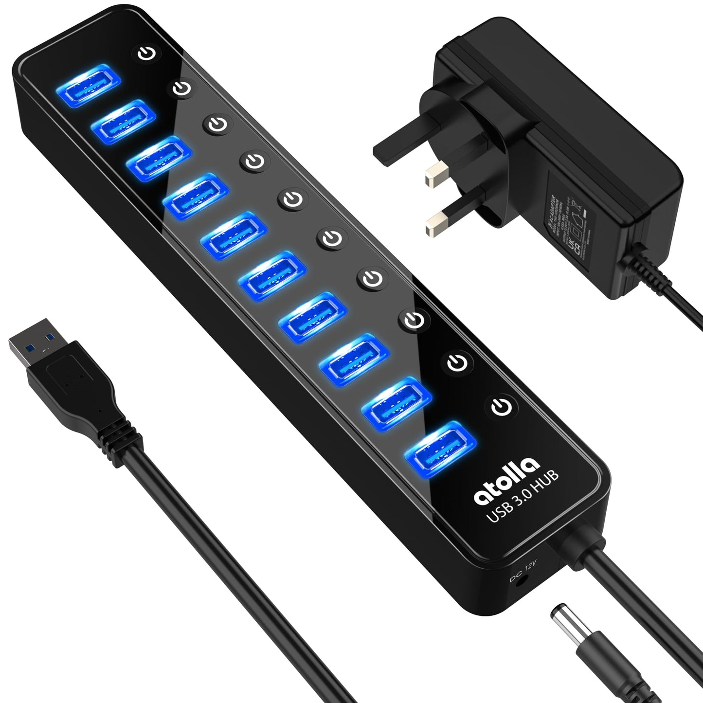 Powered USB 3.0 Hub, atolla 10 Ports USB Data Hub Splitter with Individual ON/Off Switches and 12V/2.5A Power Adapter Extension for Mouse, Keyboard,