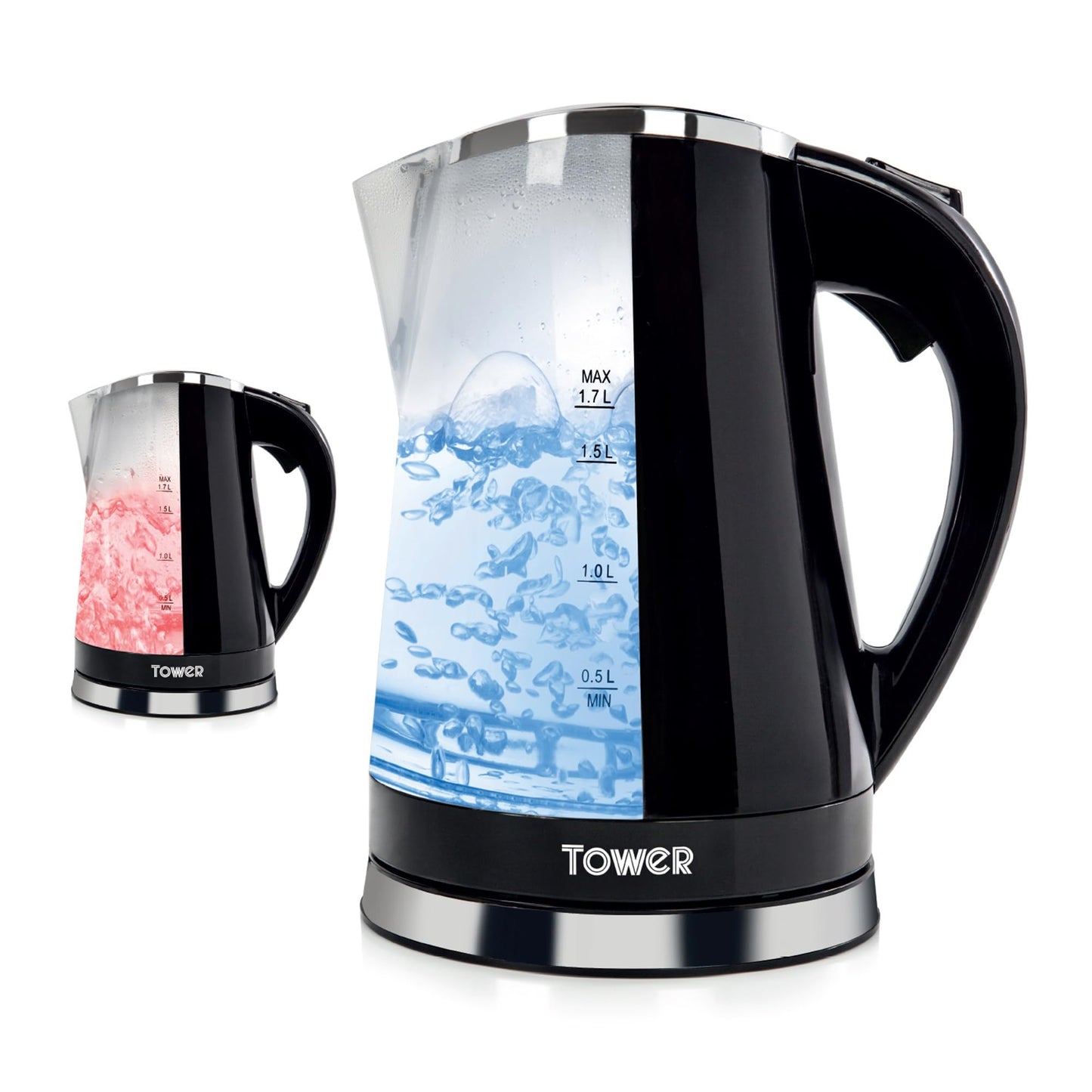Tower T10012 LED Colour Changing Kettle, 360? Swivel Base, Large Viewing Window, Easy Fill Lid, Removable Filter, 1.7 Litre Capacity, 2200W, Black