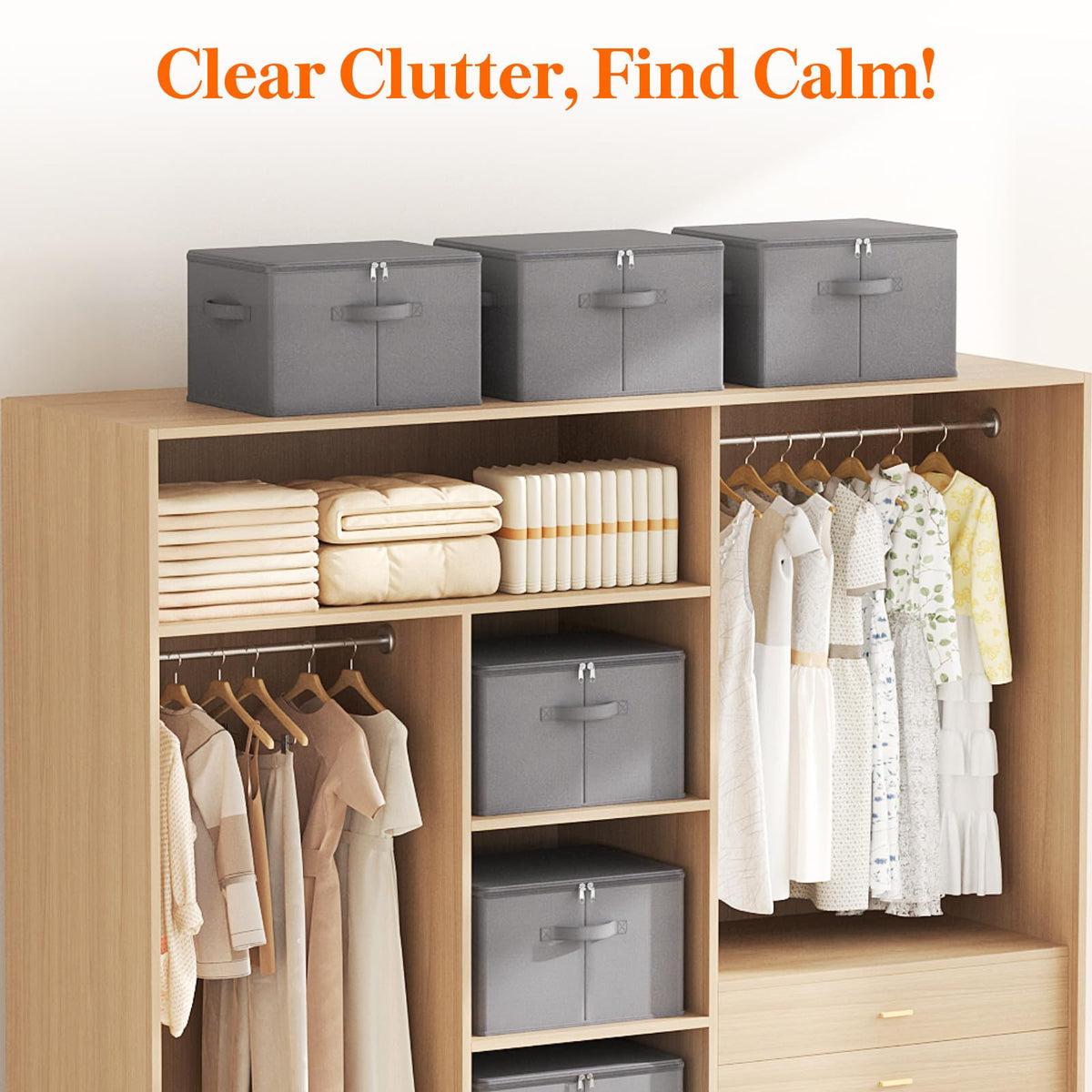 Lifewit Wardrobe Storage Box with lid, 30L, 40x30x25 cm, Grey, 6 Pack