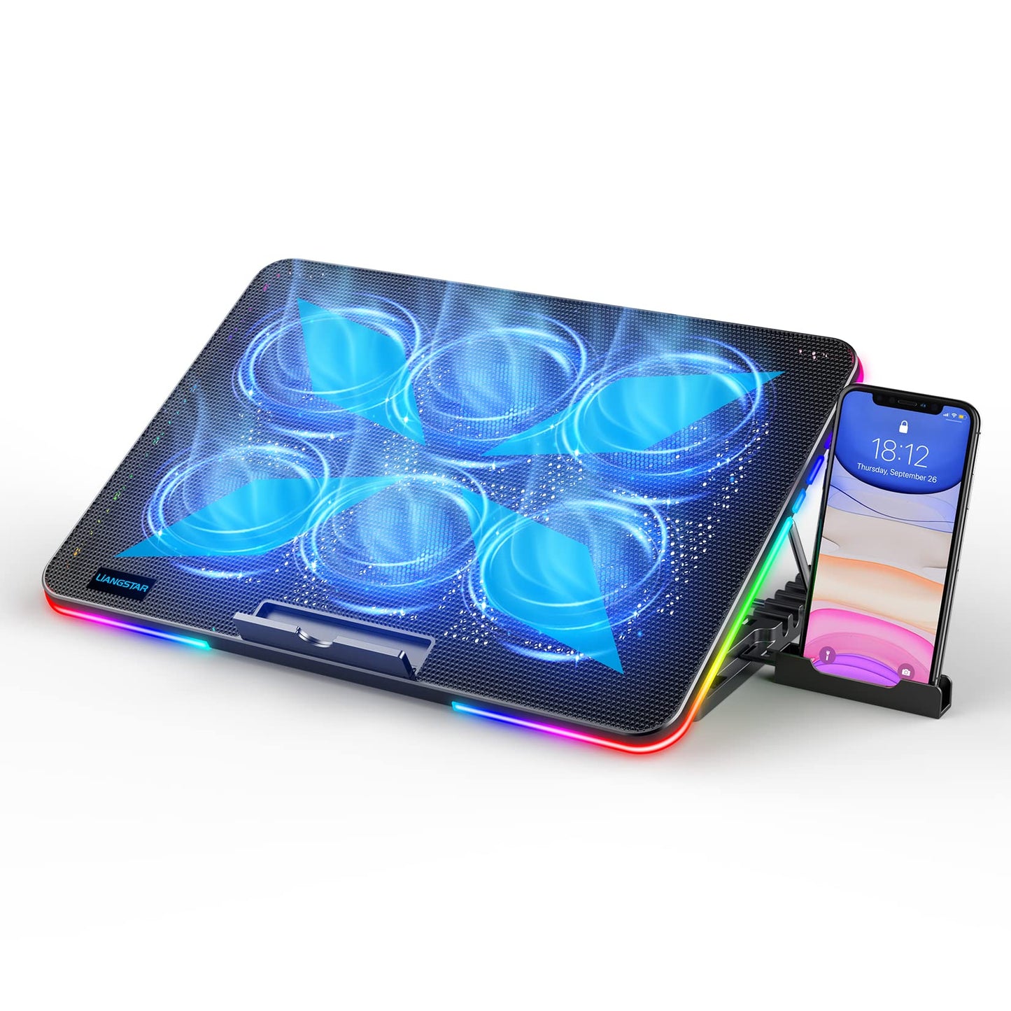 LIANGSTAR Laptop Cooling Pad, Laptop Cooler, 10 RGB Lighting Modes & 7 Height Adjustable, 6 Quiet Fans Strong Wind with 2 Speed Control, Suitable for