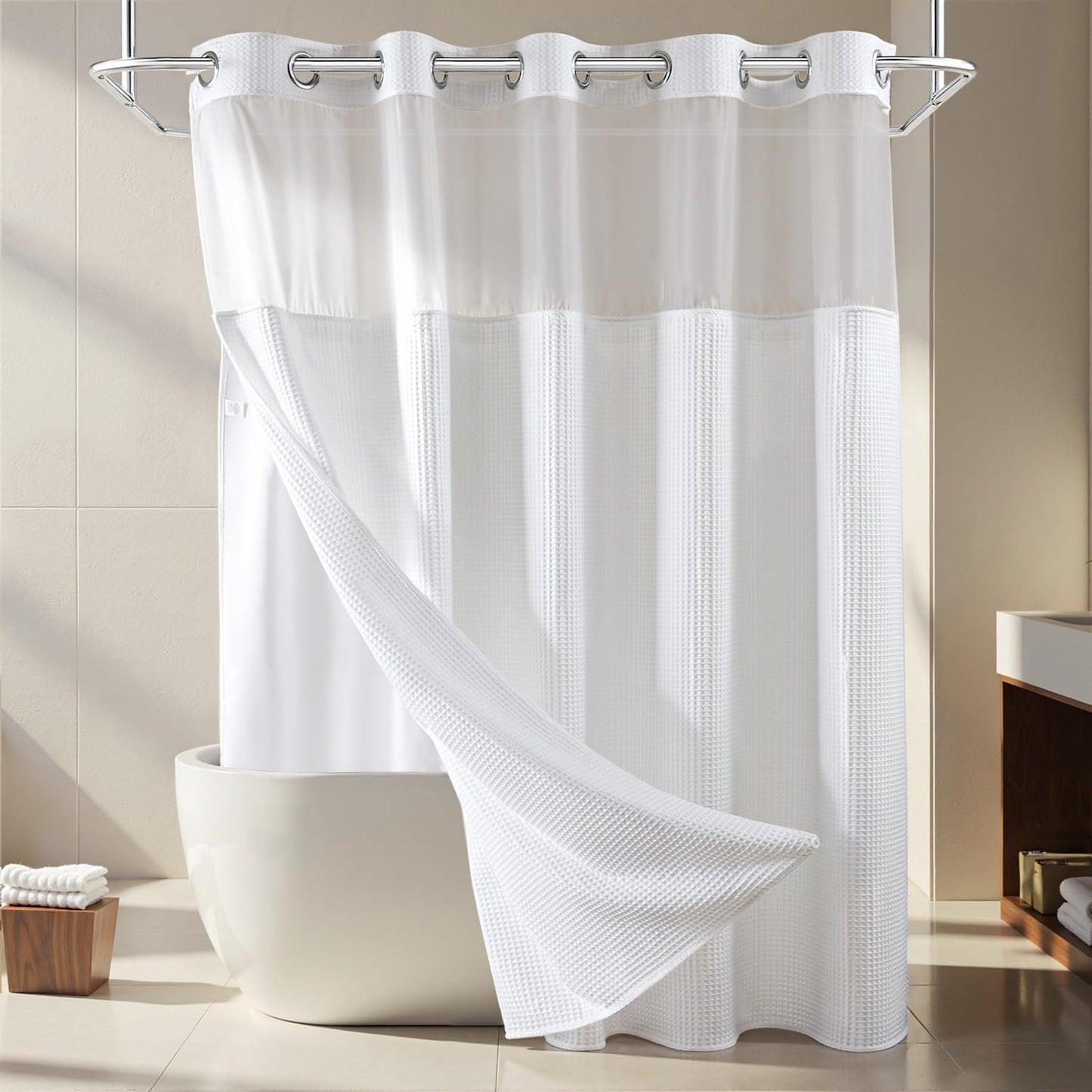 River Dream White Fabric Shower Curtain Set, Cotton Blend, Waffle Weave, with Snap in Replacement Liner?71 x 74 inches