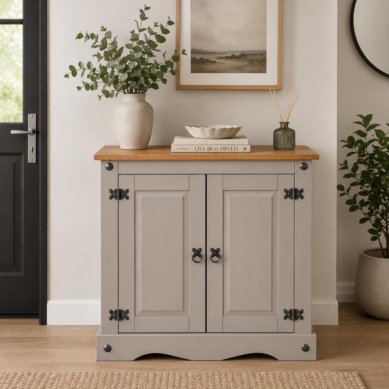 Corona Sideboard 2 Door Cupboard Grey Mexican Solid Pine Wood Cabinet W 75 x D 36 x H 73 cm