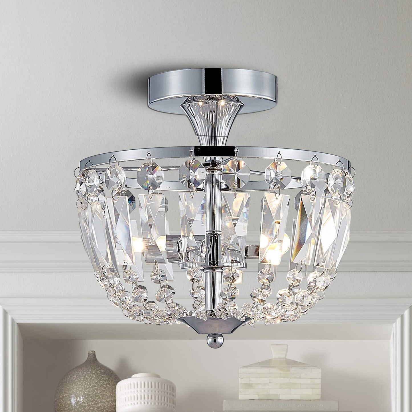BESTIER Modern Chrome Crystal Semi Flushmount Chandelier Lighting LED Ceiling Light Fixture Lamp for Dining Room Bathroom Bedroom Livingroom 3 G9