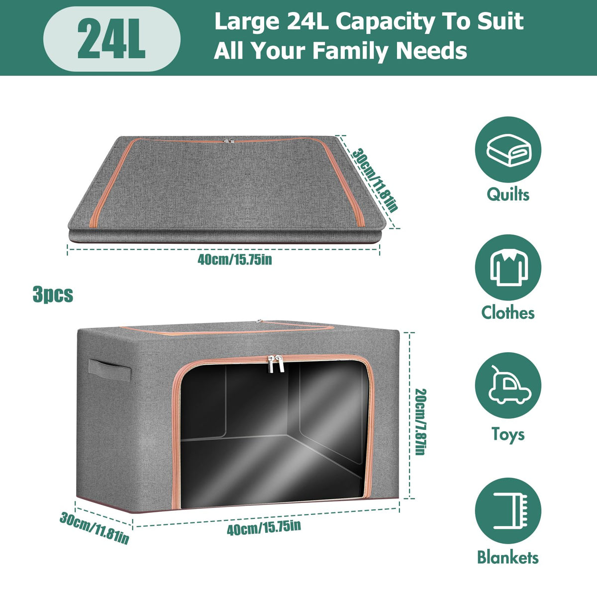 OurLeeme Clothes Storage Bags 3 Pack Foldable Storage Box 24L Wardrobe Clothes Storage Organiser with Zip and Lid Organizer for Moving House Thick
