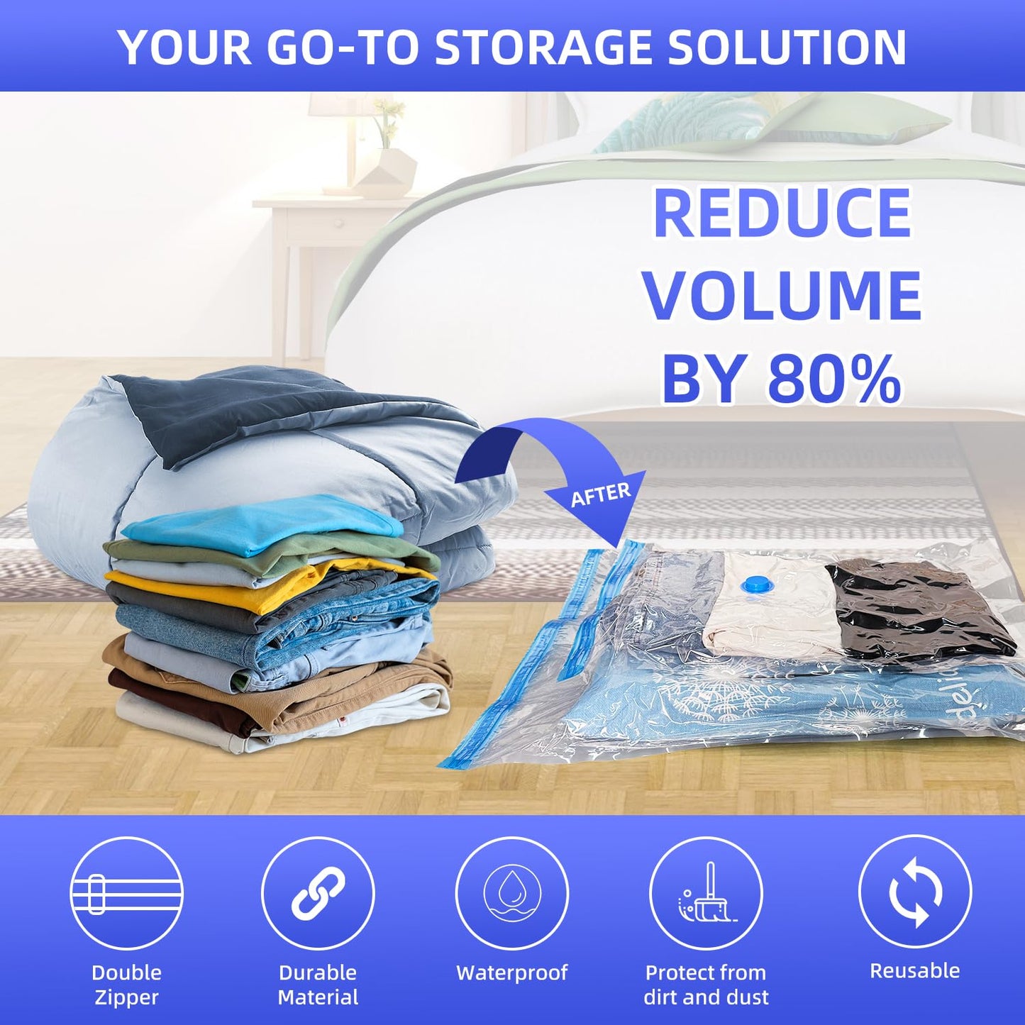 10 Pack Vacuum Storage Bags, Space Saver Bags with Hand Pump for Clothing, Organization, and Storage of Comforters, Pillows, Towels, Blankets
