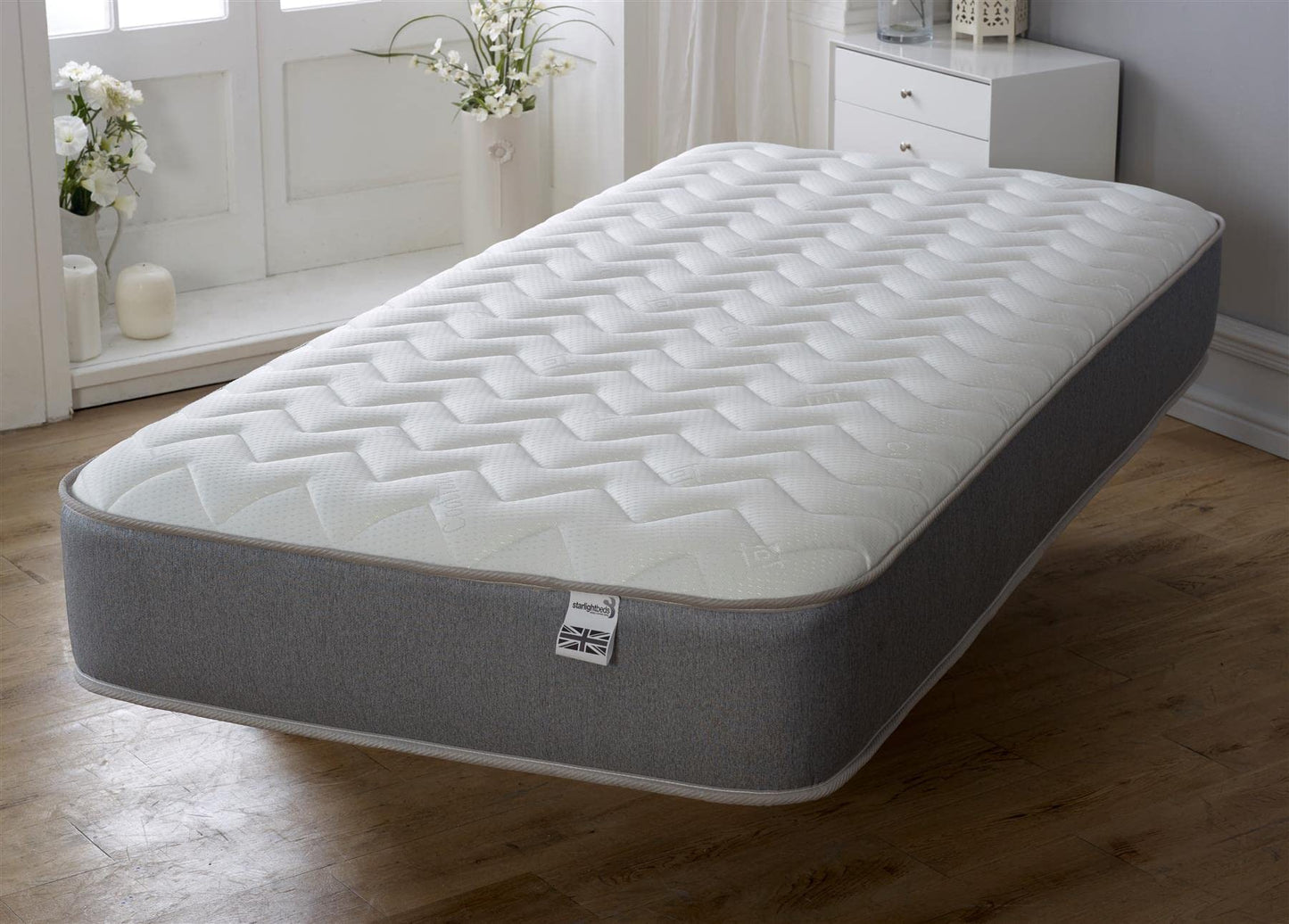 Starlight Beds Essentials Zig Zag European Small Single Mattress with Springs and Memory Foam. 7.5 Inch Budget Mattress. Grey, Soft Firmness