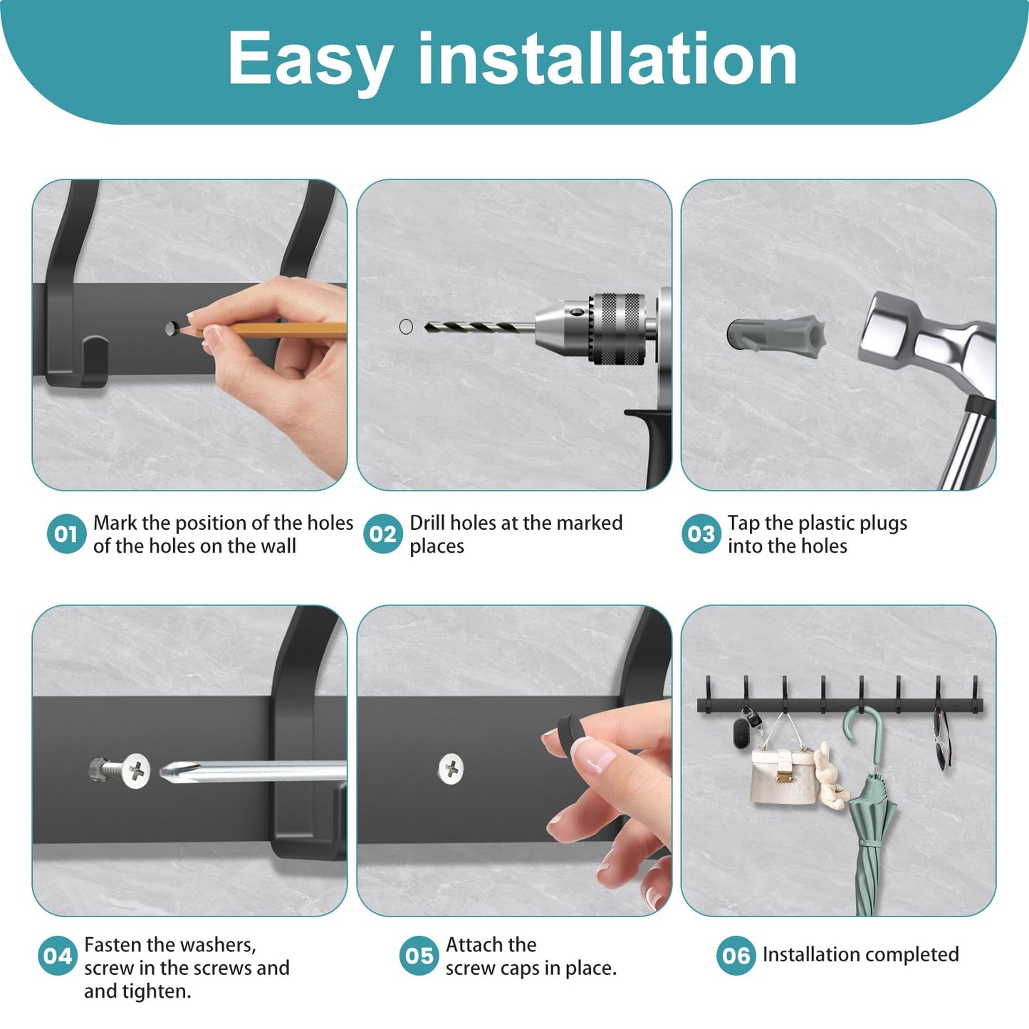 MEIJO Coat Hooks Wall Mounted Stainless Steel, Black Coat Rack Wall Mounted with 4 Hooks Heavy Duty Coat Hooks for Door, Bathroom, Bedroom, Kitchen