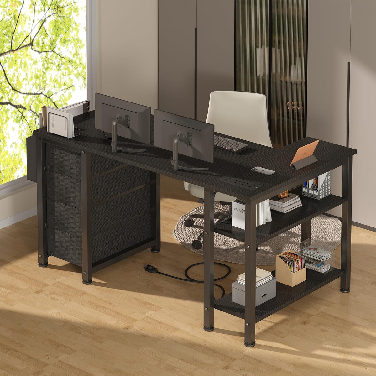 Lufeiya L Shaped Gaming Desk with Drawers & Storage Shelves, 120CM Corner Computer Desk with UK Power Outlet for Home Office Bedroom