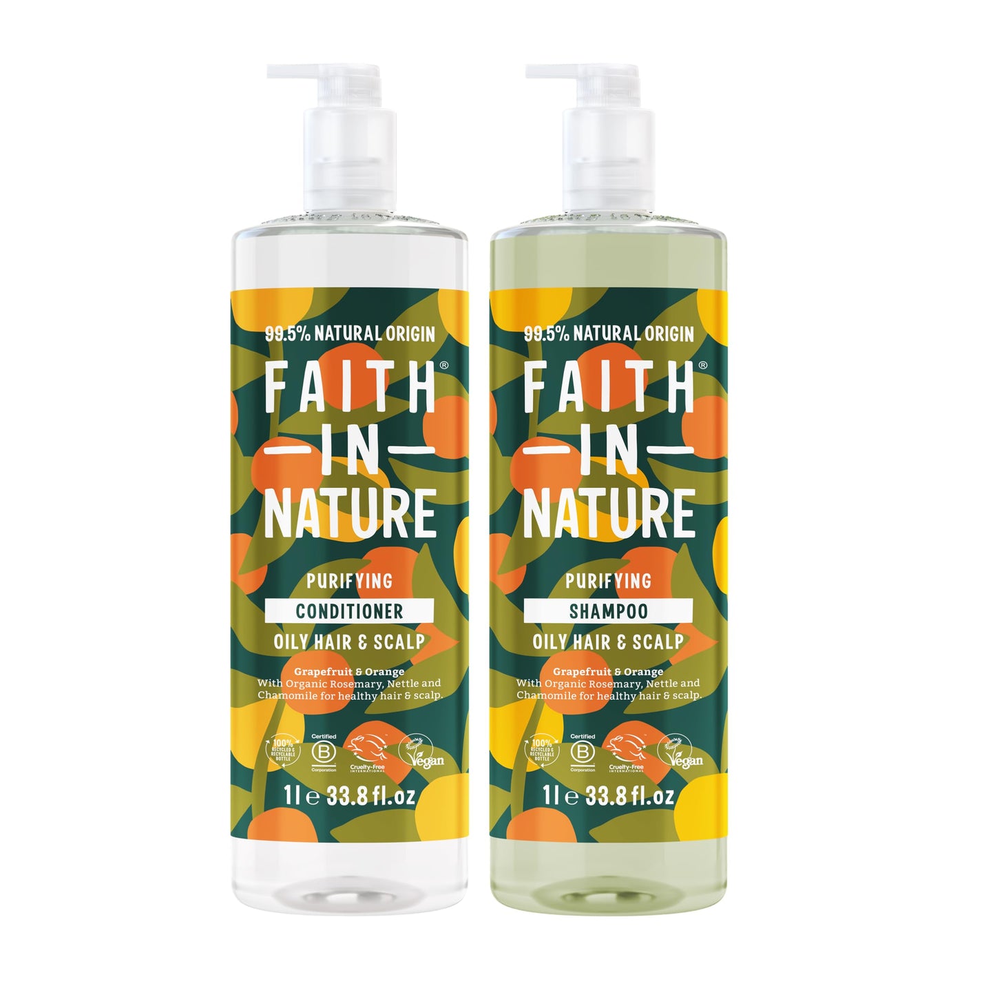 Faith In Nature 2 x 1L Natural Grapefruit & Orange Shampoo and Conditioner Set, Invigorating, Vegan & Cruelty Free, No SLS or Parabens, For Normal to