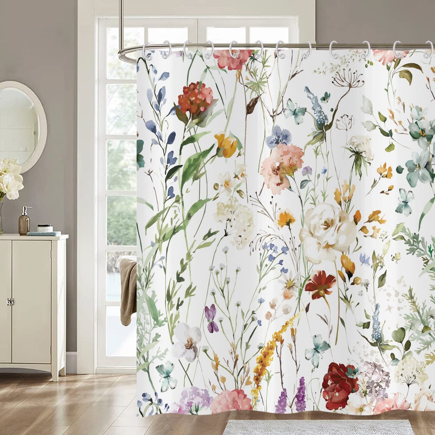 Hnmdmyi Floral Shower Curtain 180x200, Watercolor Colorful Flower Plant Butterfly Wildflowers Blossom Bathroom Curtains with Hooks Waterproof