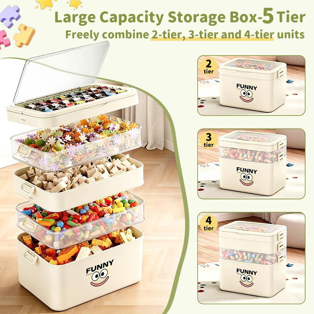 5 Layer Storage Box with Lid, Plastic Stackable Box with Handle, White