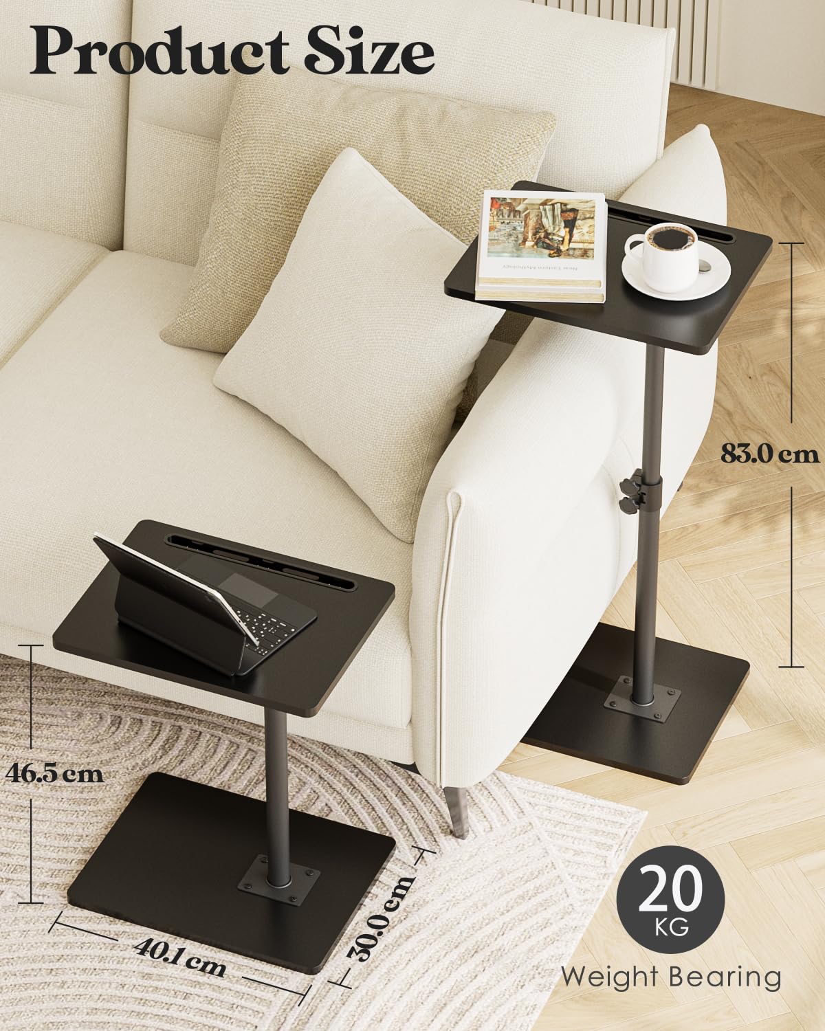 Apetaccat Side Table, C-Shaped Adjustable Sofa Table, 360°Swivel Coffee Tables,40x30x(45-83) cm,Small End Tables Bedside for Living Room