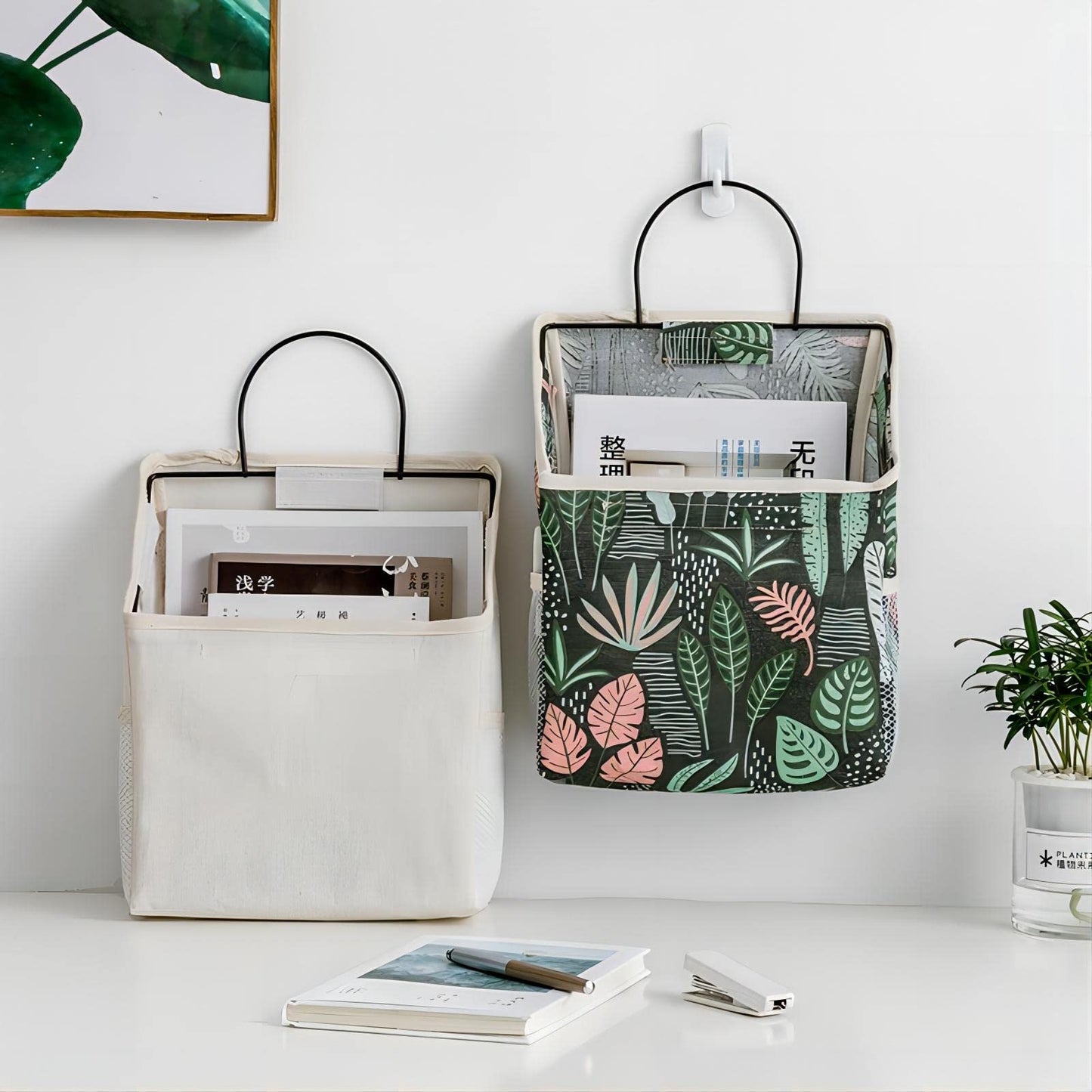 Nramwell 2 PCS Wall Hanging Organiser Bag, Linen Hanging Storage Bag with Hook, Cactus Pattern and Plants Pattern Fabric Baskets for Storage with