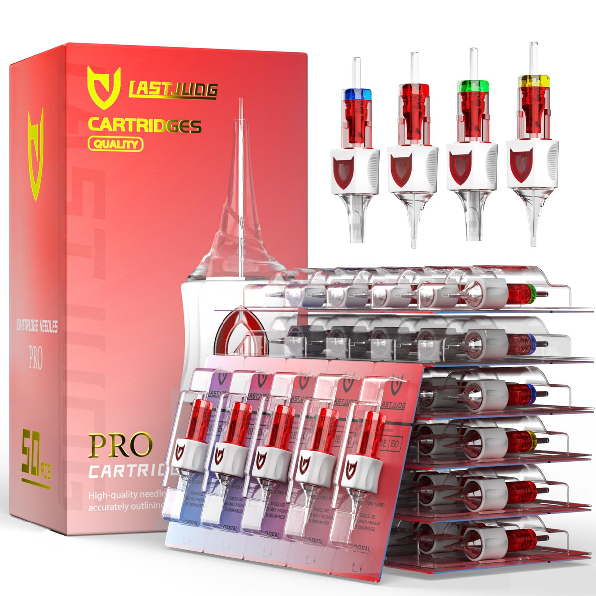 Professional Tattoo Cartridges Needles 50-Pack, Assorted Sizes Round Liner Shader Magnum, 3RL/5RL/7RL/9RL/7RM/9RM/11RM/7M1(#10), 5RS/9RS(#12),