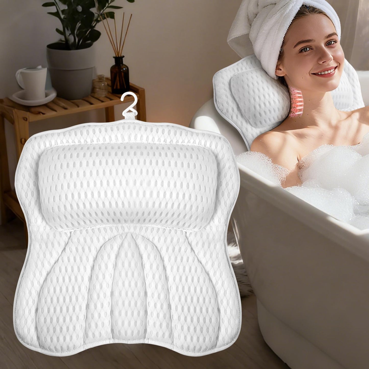 AOPOW Ergonomic Luxury Bath Pillow: Large Area 5D Air Mesh Comfortable Bathtub Pillow - 6 Non-Slip Suction Headrest Cushion with Head Neck Shoulder