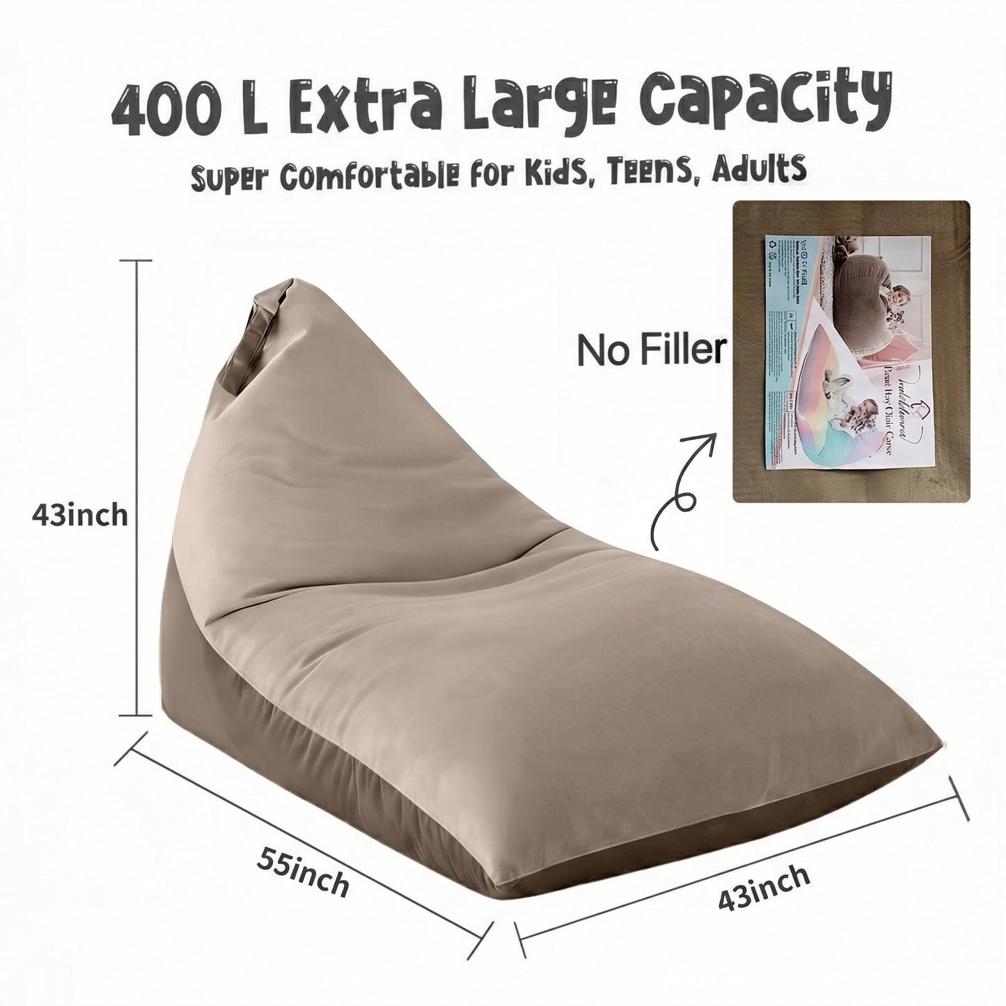 Nobildonna 4ft Bean Bag Chair Cover (No Filler) for Adults, 400L Extra Large Triangular Beanbag Chair Cover