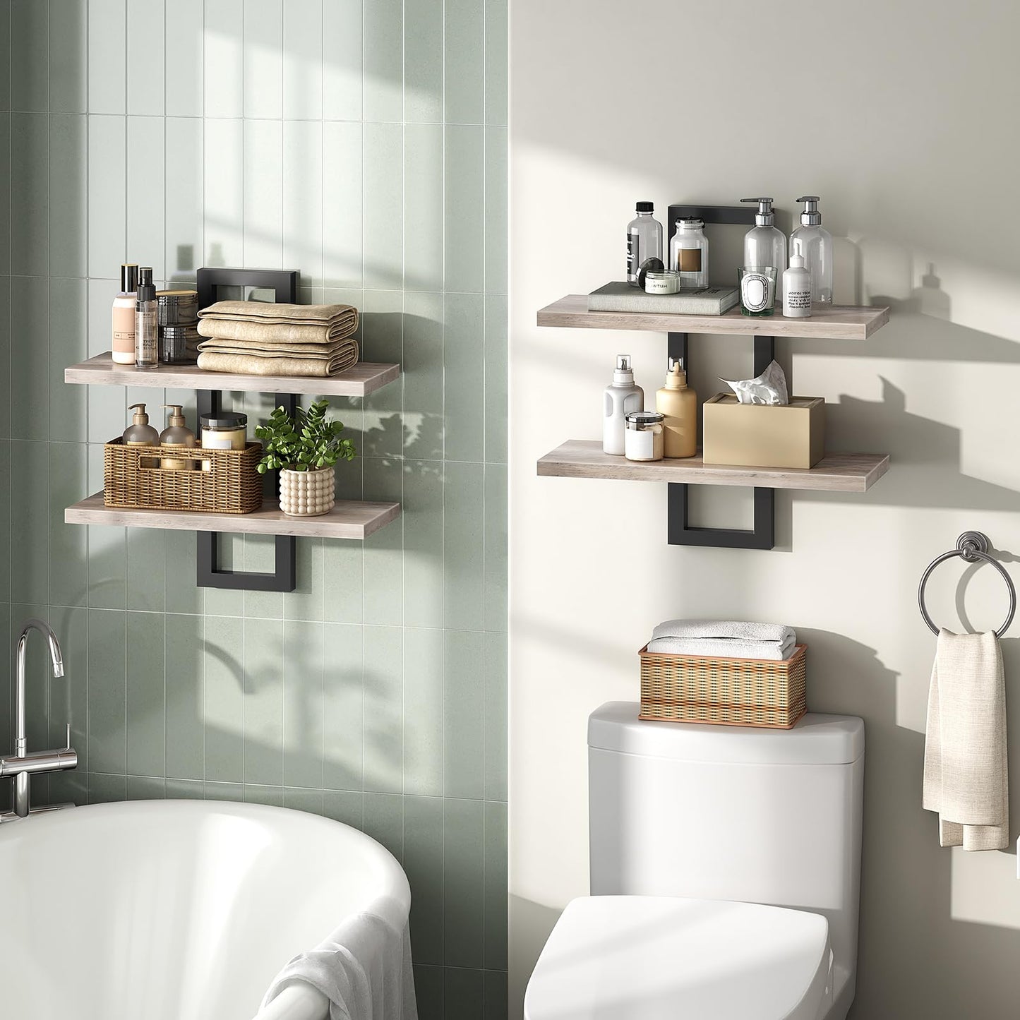 HOOBRO Floating Shelves, Wall Shelves Set of 2, Wall Mounted Storage Shelves 2-Tier, Wall Display Racks, Hanging Bathroom Shelves, for Kitchen, Living