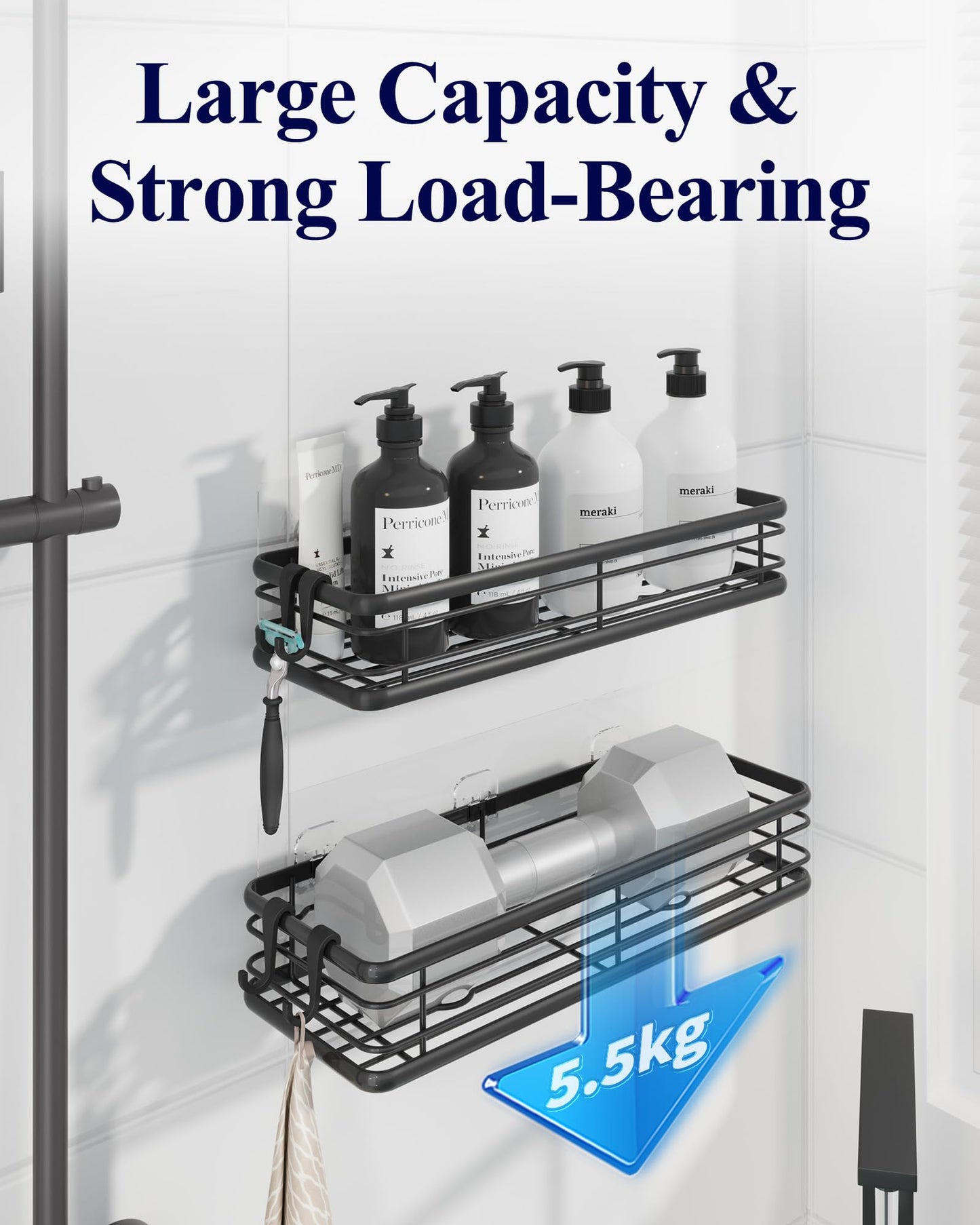 Kitsure Shower Caddy Adhesive, Space-Saving Shower Shelves, W30.0cm, Black