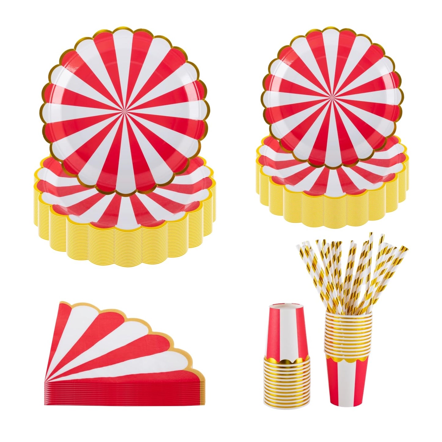 PHUNAT Party Plates Cups and Napkins Set, Includes 7 inch/18cm & 9 inch/23cm Red and White Paper Plates, Serving for 25 Guests, Perfect for Parties