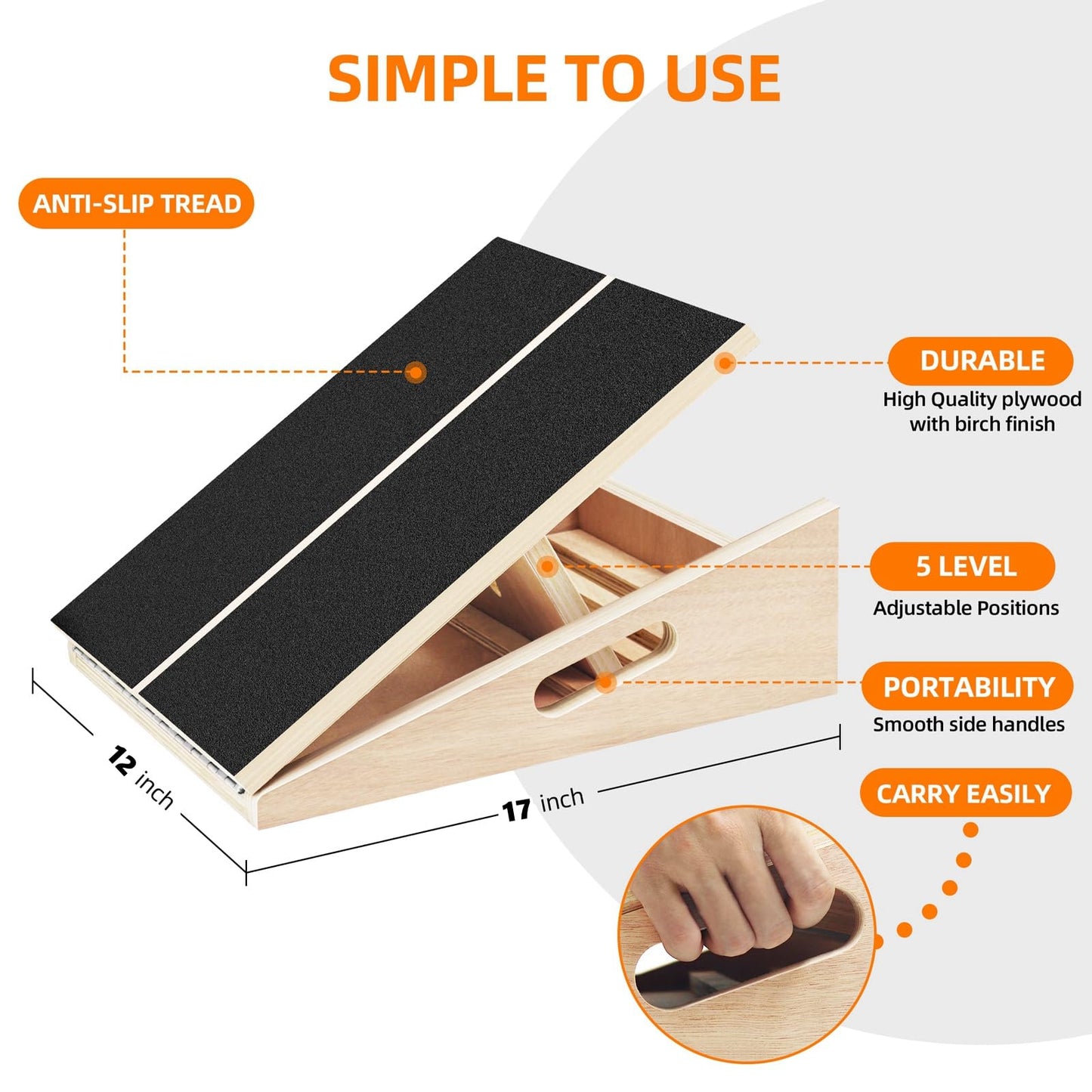 Professional Wooden Slant Board - Adjustable Incline Board and Calf Stretcher Extra Side-Handle Design for Portability 5 Position Adjustable Design