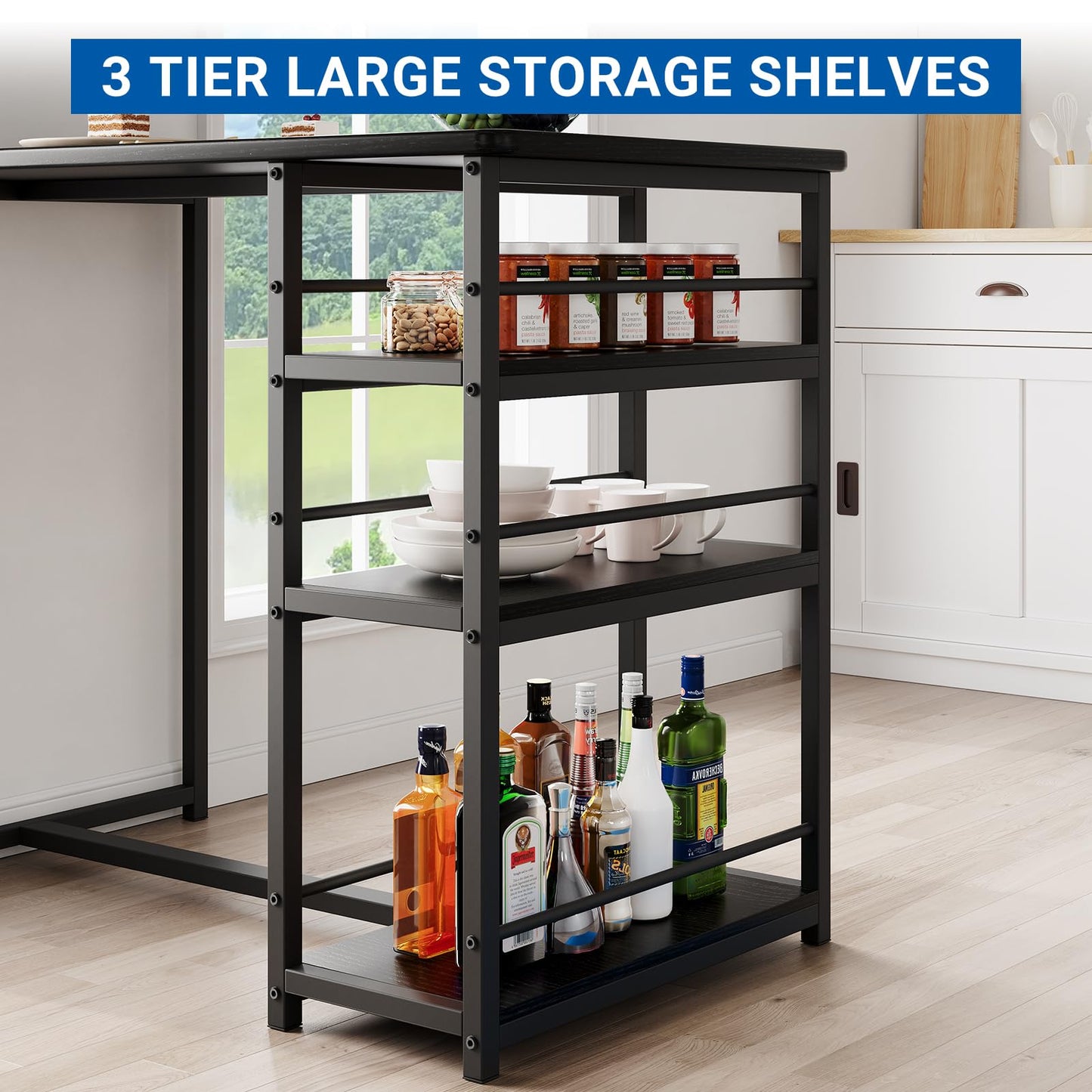 Crevyteg Compact 3-Piece Breakfast Bar Set for Small Spaces - Includes Storage Shelf Table & 2 High-Back PU Leather Stools