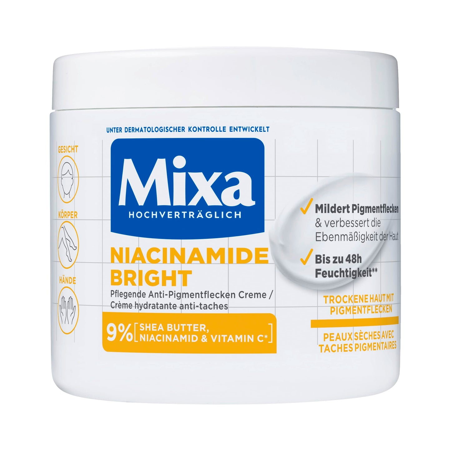 Mixa Moisturising Anti-Pigment Spots All-Purpose Cream, Suitable for Face, Body & Hands, Niacinamide Bright, Hypoallergenic, 400 ml