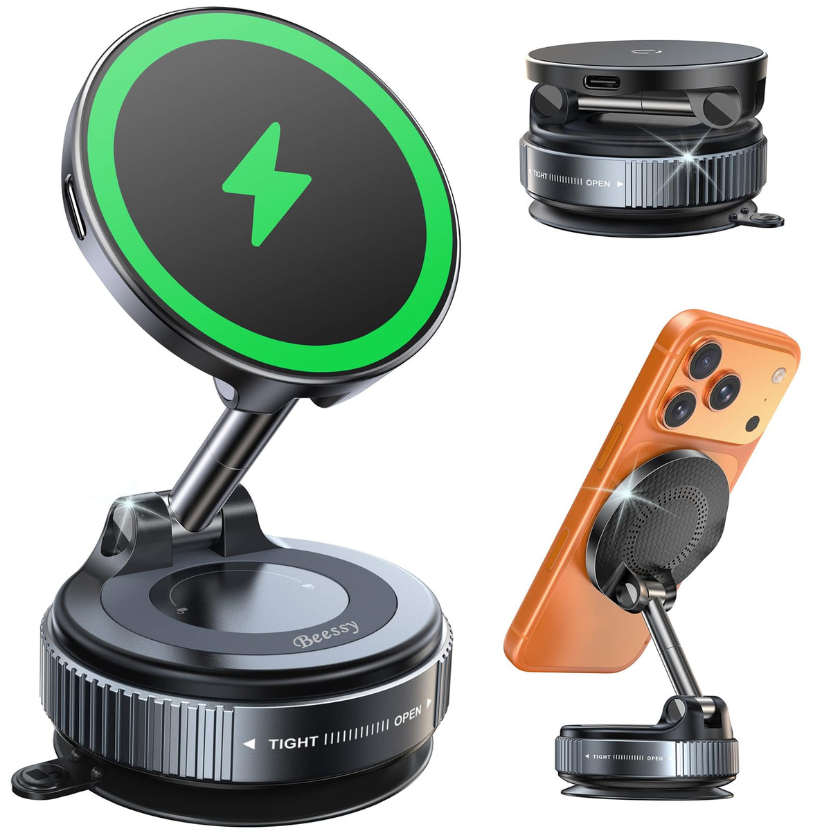 Beeasy MagSafe Car Mount Charger, 15W Magnetic Wireless Car Charger Phone Holder for iPhone 17 16 15 14 13 12 Pro Max, Foldable 360? Adjustable Car