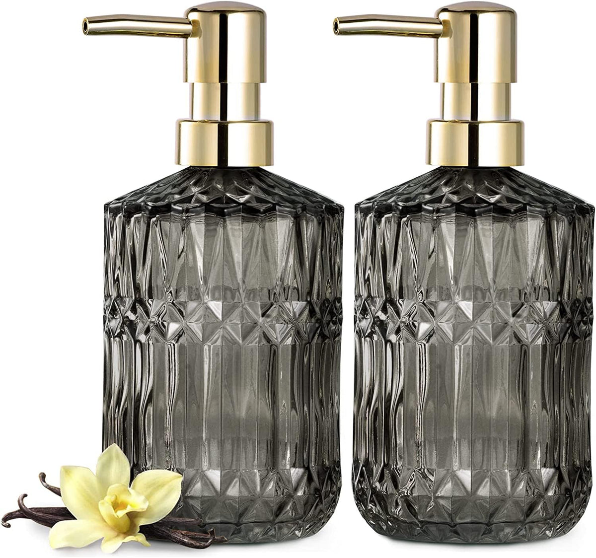 EMPO Clear Glass Soap Dispenser with ABS Plastic Pump, Crystal Lotion Dispensers for Kitchen Sink, Bathroom (2pk Grey)
