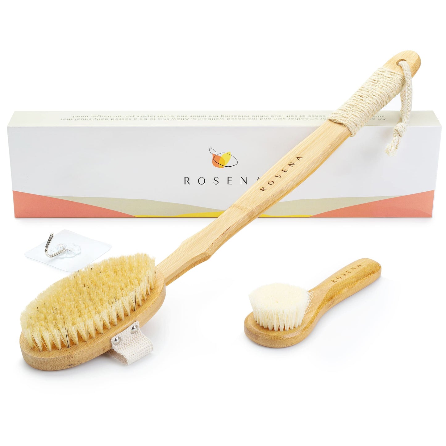 Dry Body Brush Set ? Natural Boar Bristle Body Brush & Soft Facial Brush with Bamboo Handle ? Exfoliating Lymphatic Brushing Kit with Hook