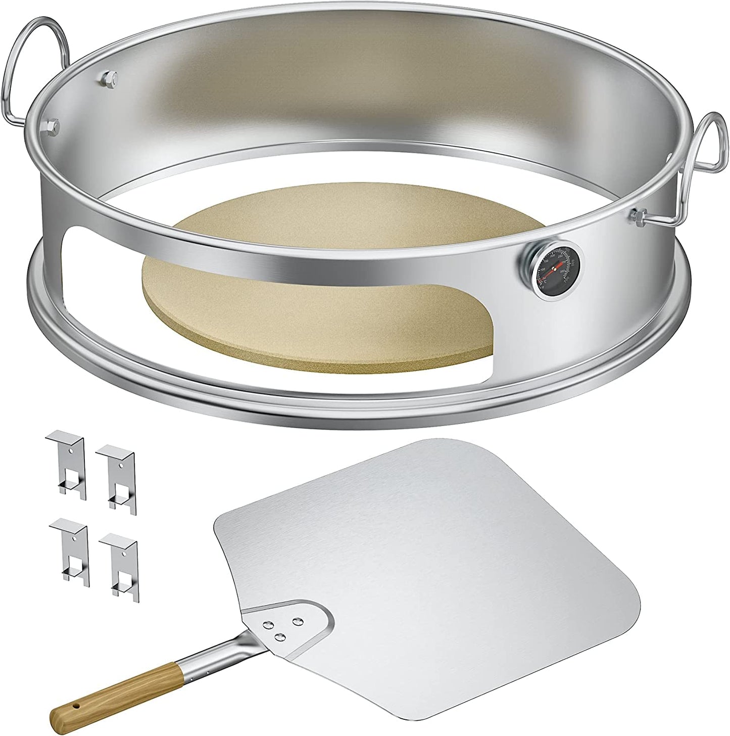 onlyfire BRK-6023 Pizza Oven Conversion Kit for 57 CM/ 22.5? Kettle Grills and Smoker, stainless steel ring with thermometer, pizza stone, aluminum