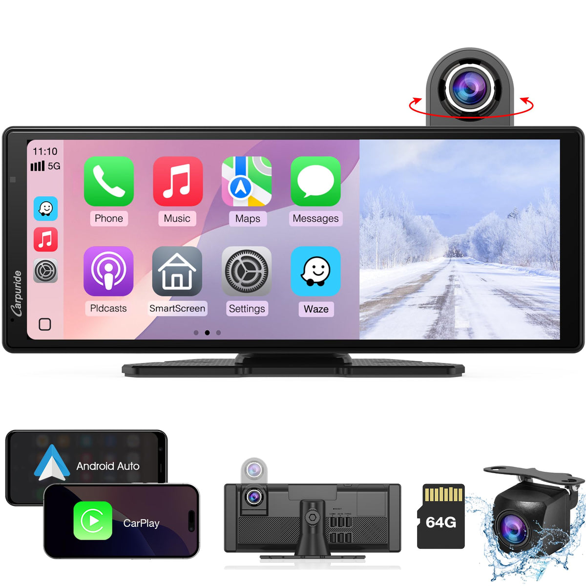 Carpuride Wireless Carplay & Android Auto with Dash Cam - 10.26" HD IPS Touch Car Play Screen for Car, 4K Front & 1080P Rear Camera, Loop Recording,