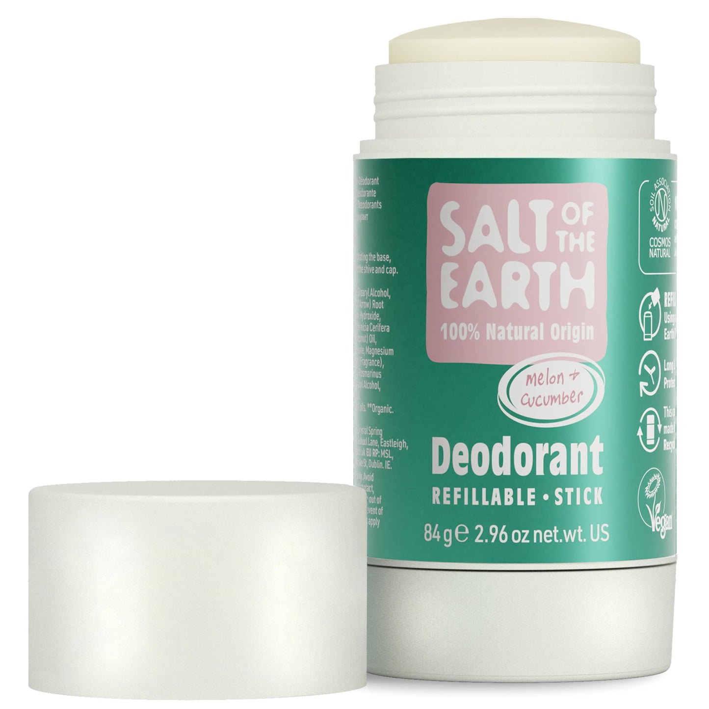 Salt of the Earth - Refillable Natural Deodorant Stick - Melon & Cucumber - Aluminium Free with Natural Origin Ingredients, Vegan & Long Lasting