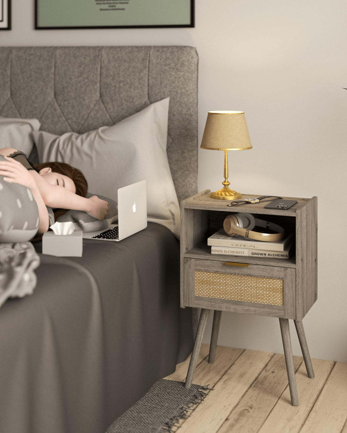 JERX Rattan Nightstand,Farmhouse Bedside Table with Storage Drawer and Open Wood Shelf, for Living Room, Bedroom and Small Spaces