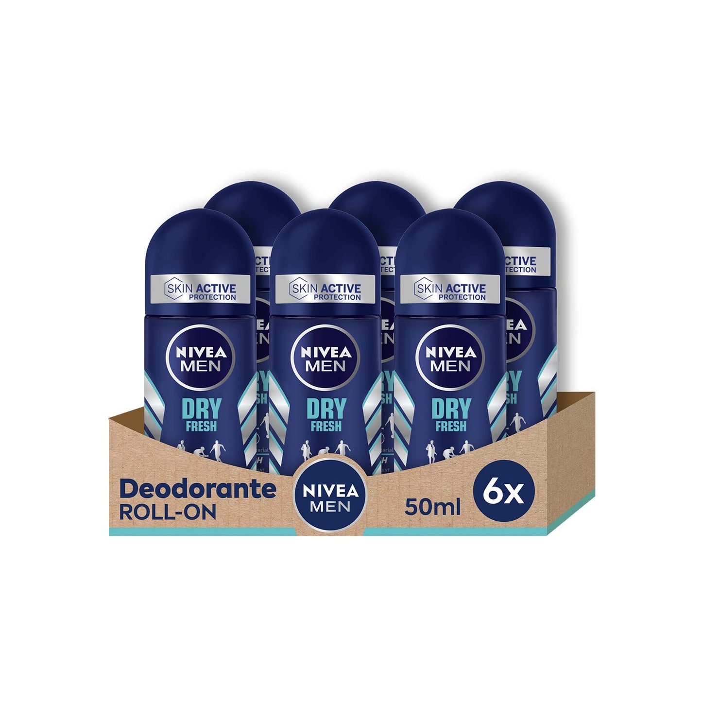 NIVEA MEN Dry Fresh Roll-on Deodorant 6 x 50 ml, Men's Air Freshener with Dual Active formula, Anti-breathable deodorant for 72 h intense freshness on