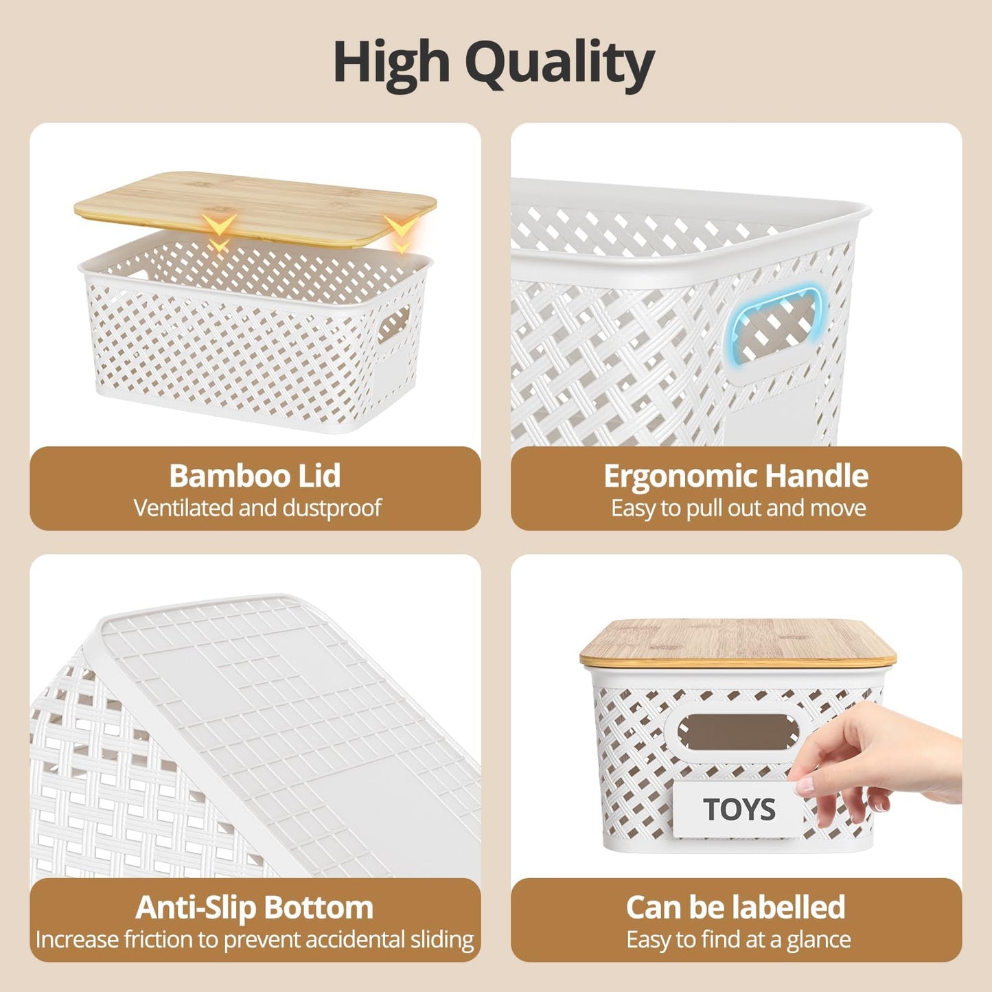 HapiLeap Plastic Storage Baskets With Bamboo Lid, Stackable Plastic Storage Boxes for Organizing Pantry Shelves Drawers Desktop Closet Playroom