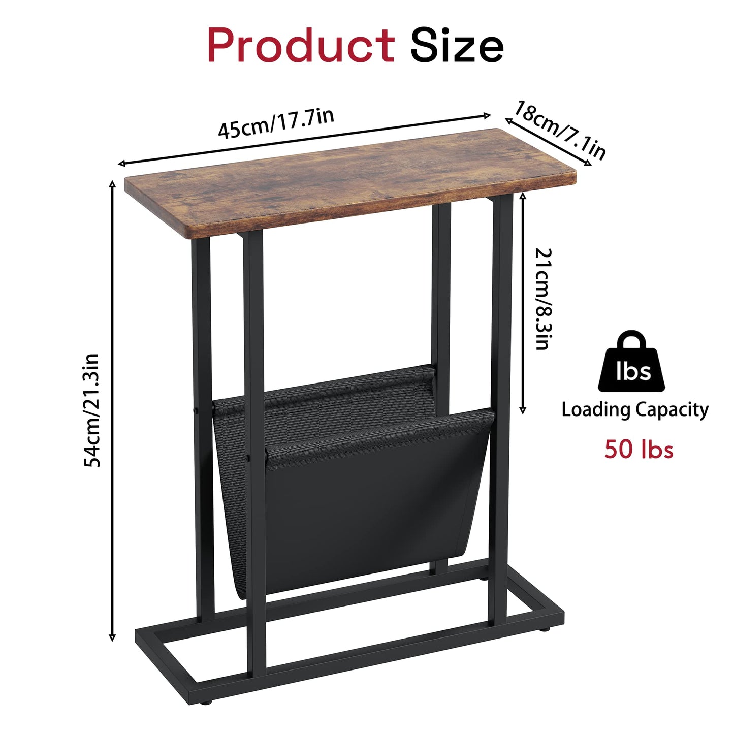 Yusong Small Narrow Side Table for Small Spaces, Slim End Table Magazine Table Nightstand with Storage Holder