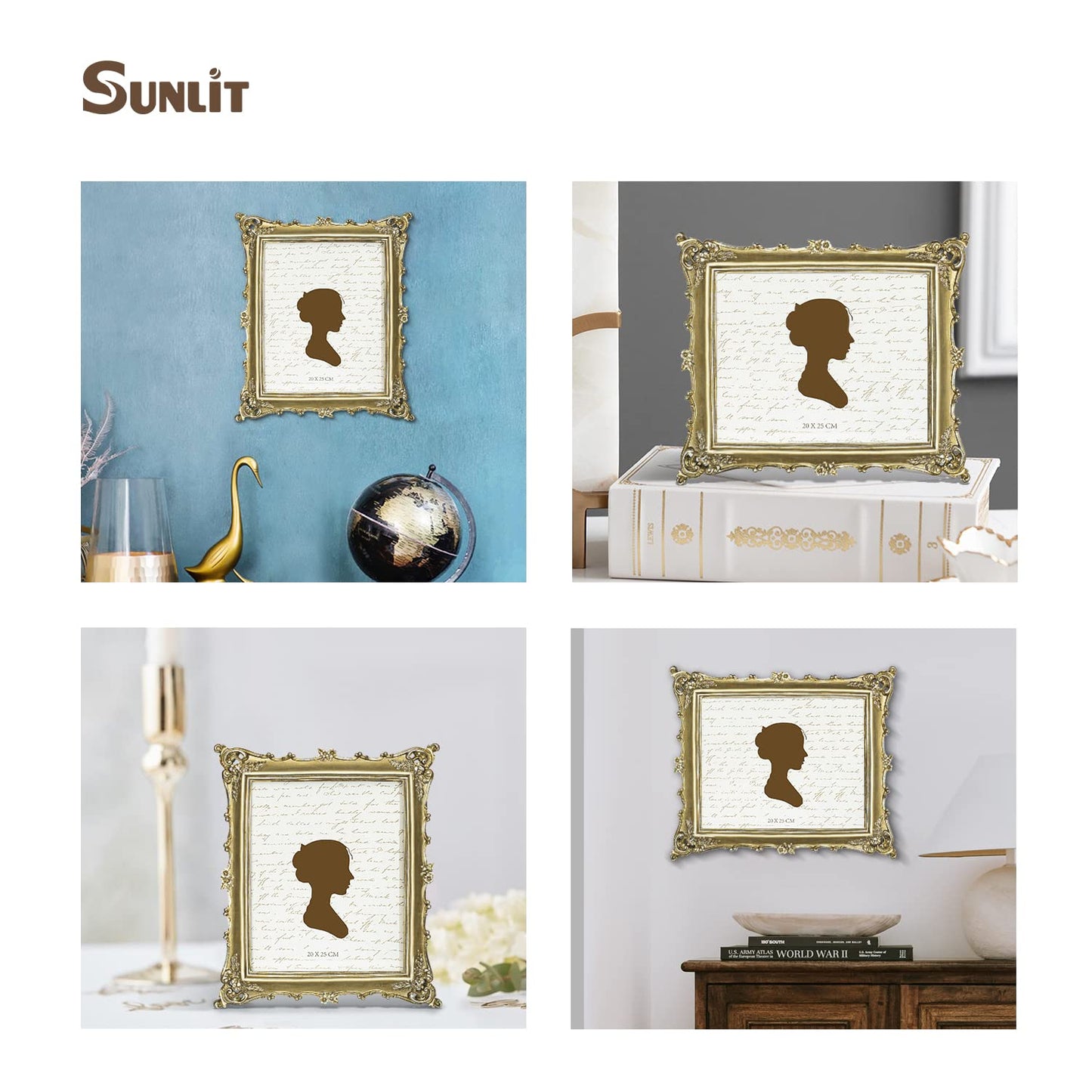 Sunlit Vintage Picture Frame 8x10 Inch, Luxury Antique Photo Frames with Glass Front, Photo Display, Tabletop Wall Hanging, Gift Ideas, Gold