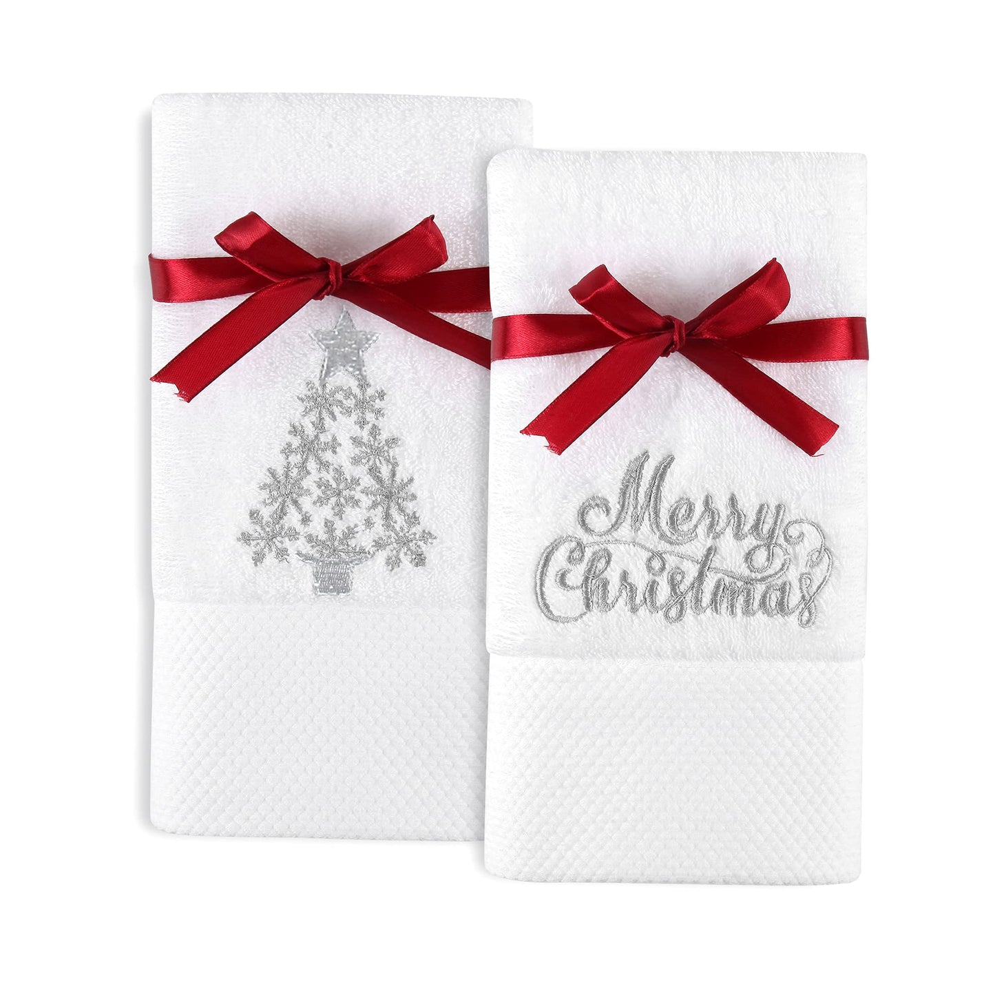 Quera Christmas Tree 2 Packs Embroidered Hand Towels(14'' x 30'') Premium Luxury Ultra Soft 100% Cotton Bathroom Decorative, Set