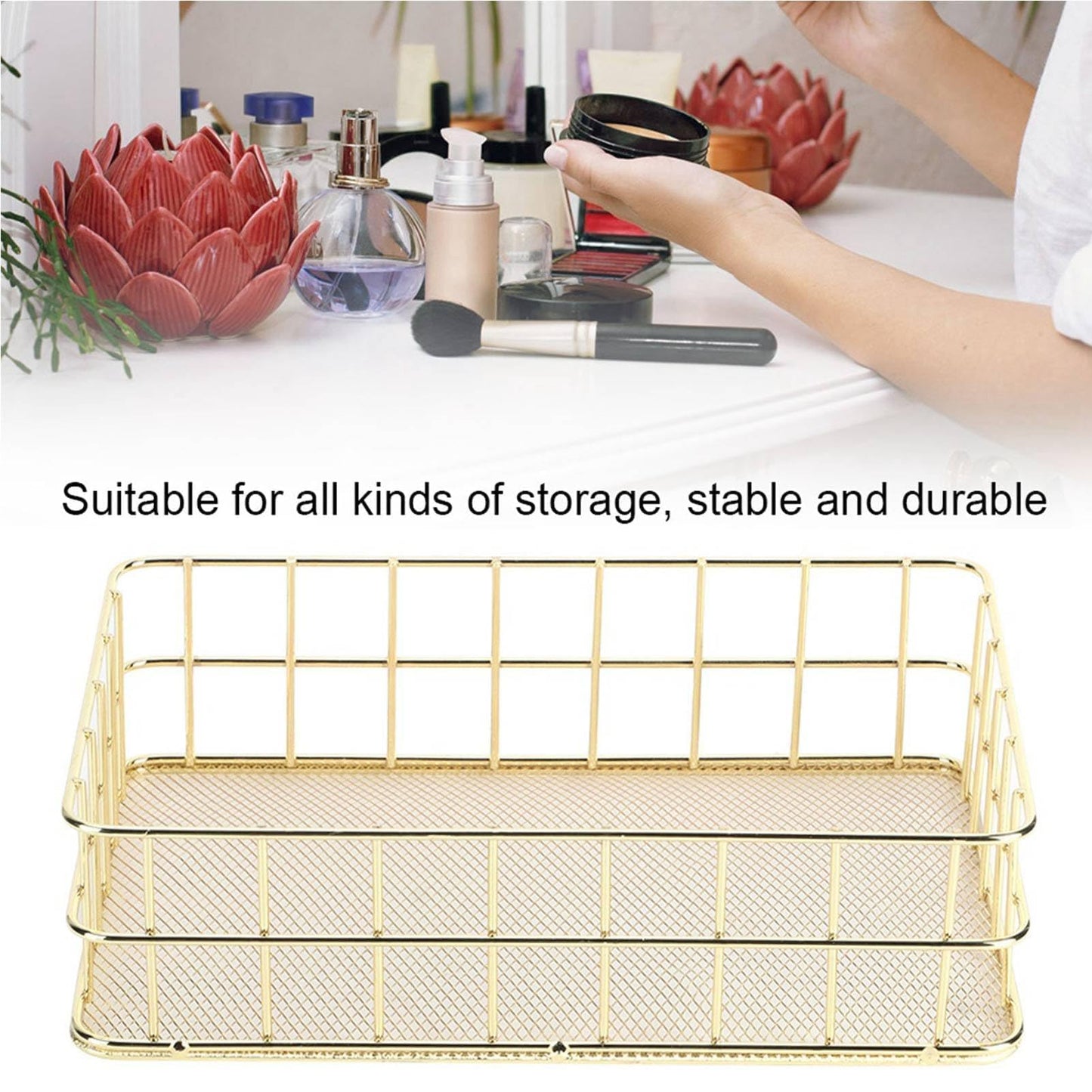 Jwthee Gold Desktop Metal Storage Basket, Small Wire Baskets for Organizing Gold Storage Bins Wire Cabinet Organizer for Kitchen Cabinets, Bathroom